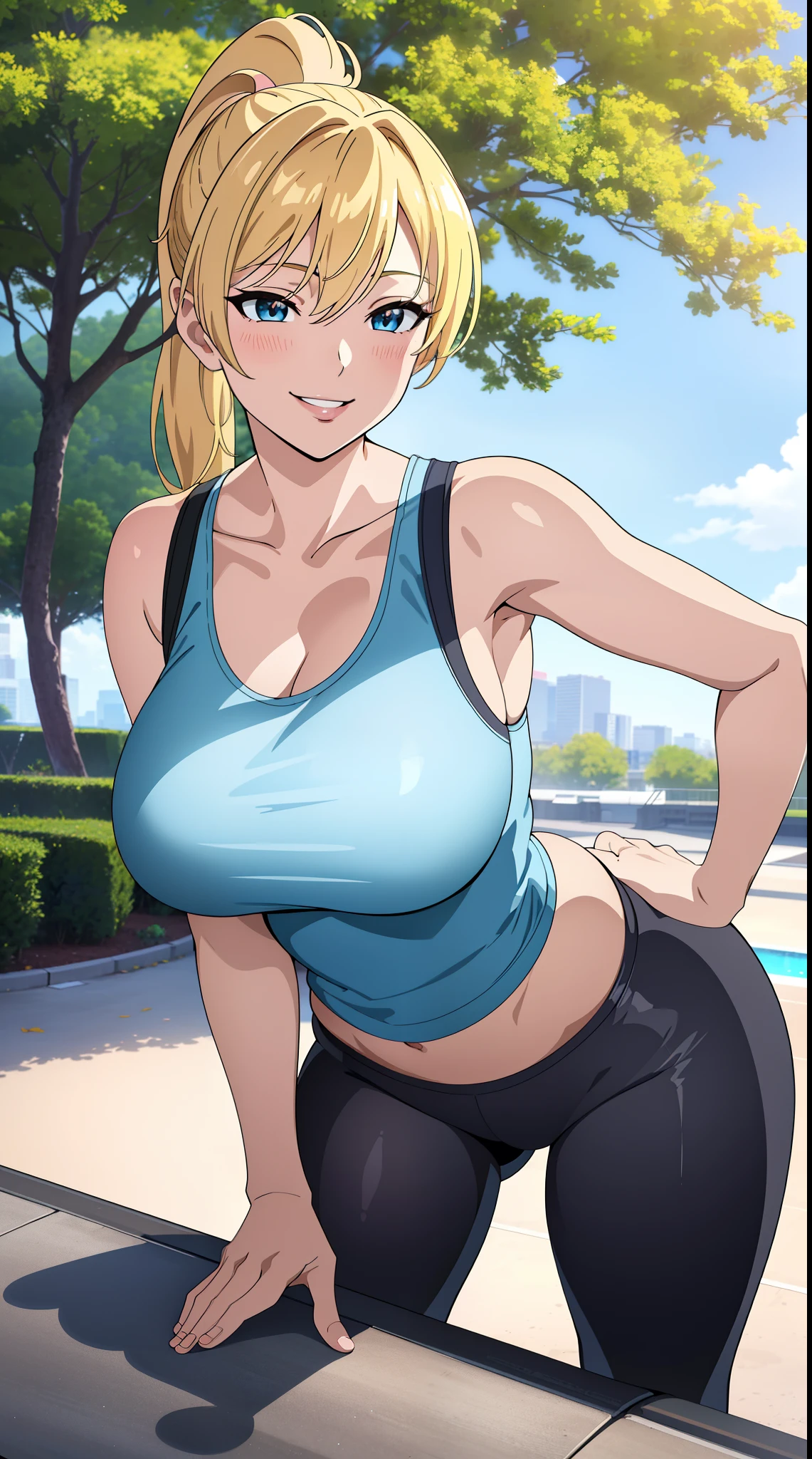 (best quality:1.5, highres, UHD, 4K, detailed lighting, shaders), blonde ponytail, busty, (pov, close shot), standing, lewd, sexy, erotic, smiling, hot, tank top, yoga pants, park background