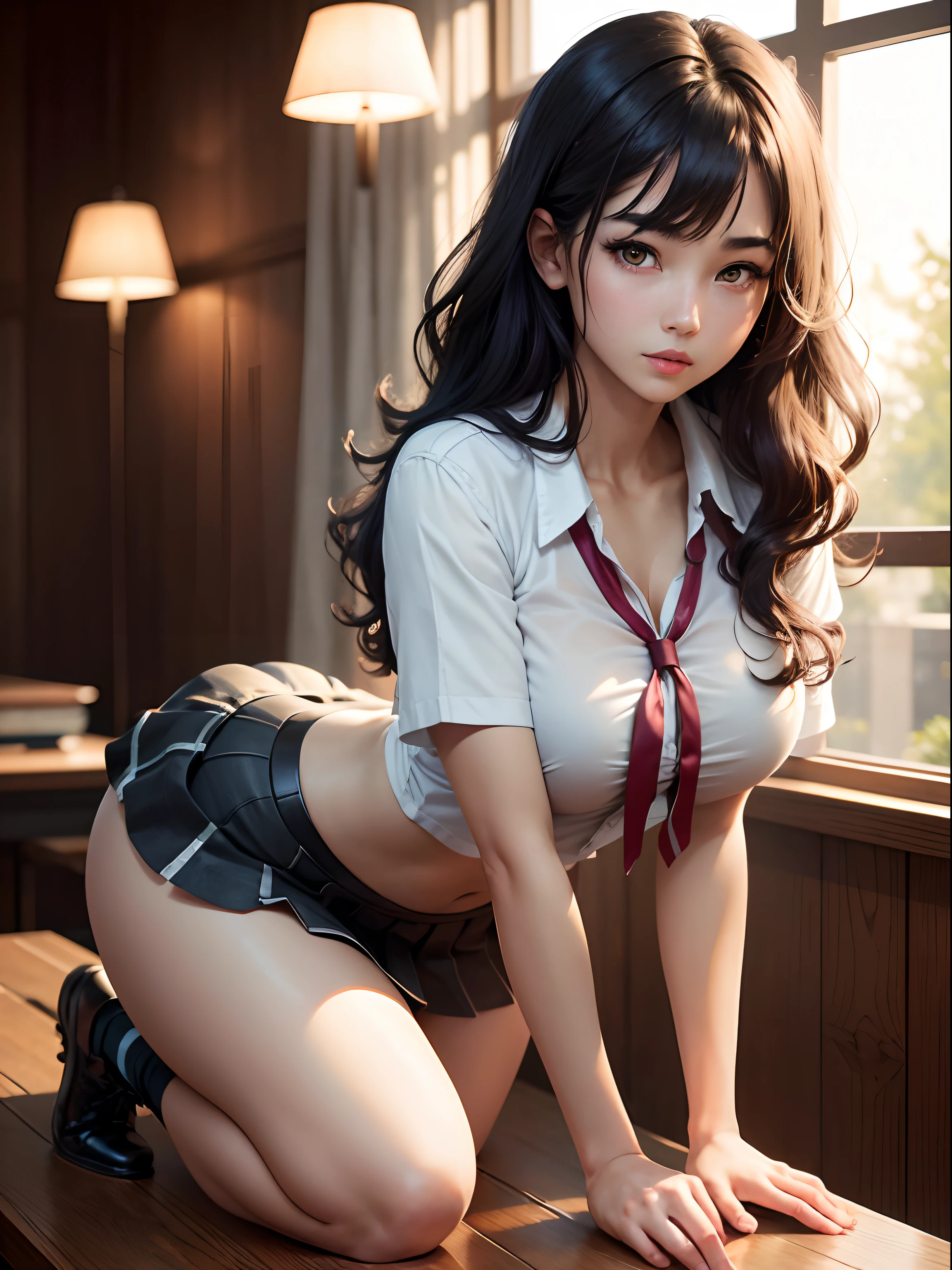 1People Beauty、top-quality、超A high resolution、Raw photo、(Authentic skin texture:1.3)、Colossal tits、breastsout、Wavy black hair、Picture-perfect face、Professional artwork、((Perfect female body))、Beautiful expression、beauitful face、Seductive look、beautidful eyes、The shirt、skirt by the、Female School Uniform、thighs thighs thighs thighs、s ass、Turned、Show me your ass on all fours、(Show me your sloping buttocks)、upturned ass、Get on all fours with your big butt sticking out towards the viewer、(Immersive atmosphere、Chiaroscuro:1.5、brightened light:1.2、) 、(red blush:0.5)、realisitic:1.3、longshot、(ambient lights:1.3)、Held on the desk at school