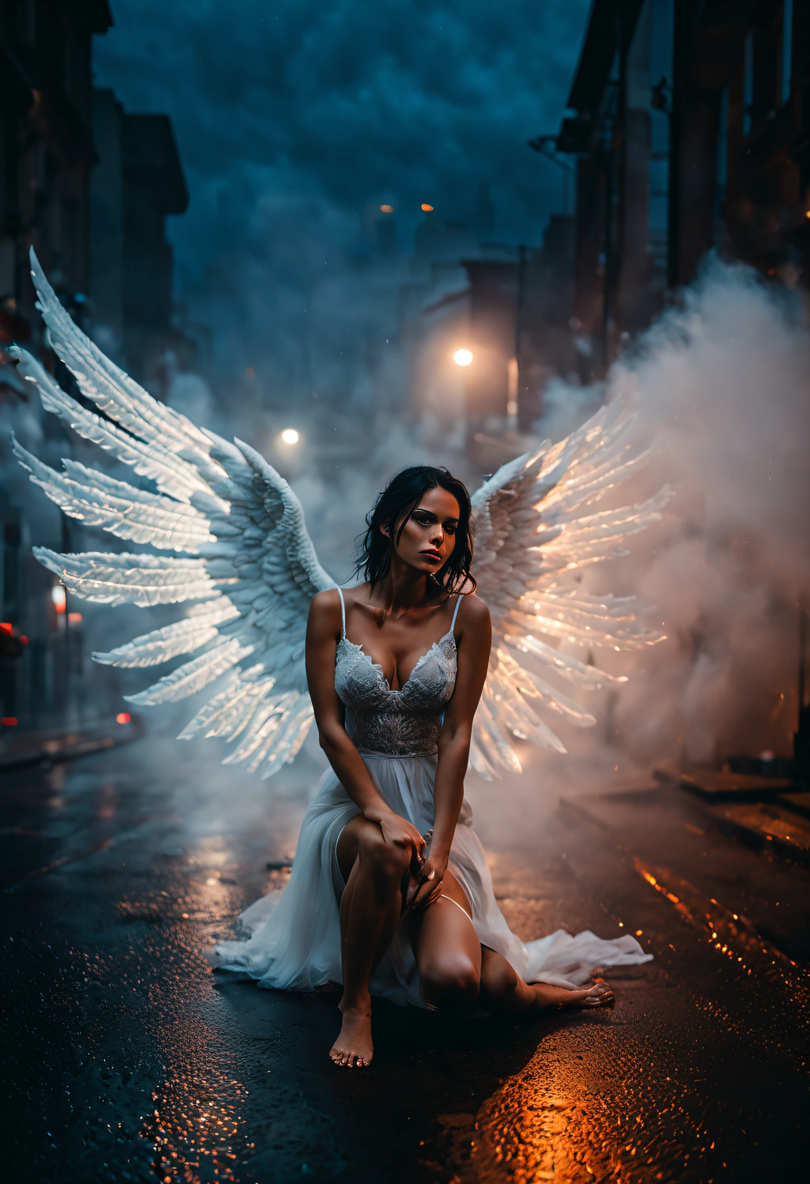 ((((looking camera)))) (((Full body photo of sexy woman with huge wings sitting on the streets with smoke and fog, on fire under the pouring rain at night, on the other side of the city, illuminated by the city lights and with his whole body wet))). feeling cold. It captures the intensity of the rain falling on the woman as she runs. Focus on the woman's facial expression, Showing determination despite the rain. It creates a contrast between the darkness of the night and the city lights that surround it. Make sure the woman's white T-shirt is soaked and stuck to her body. Use lighting techniques to highlight raindrops in the air and on women's clothing. Make wet streets reflect city lights to create a cinematic atmosphere. The perspective should be from a low angle to emphasize women's vulnerability in the rain... Add flare to city lights to create a bokeh effect in the background. Use cool colors and blue tones to convey the feeling of cold in the image.