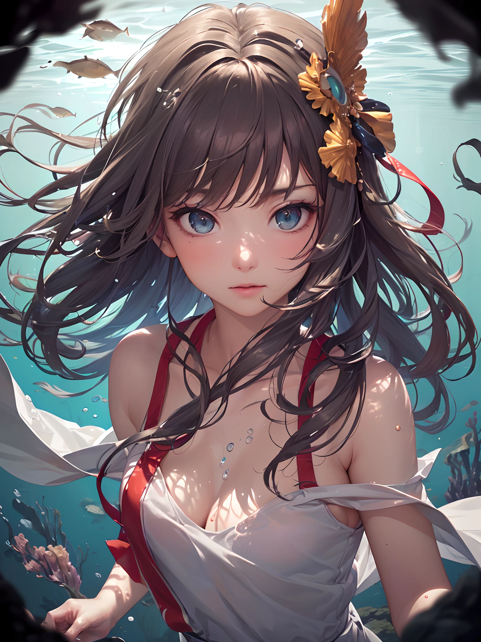 (((hakurei reimu:1.1,)))(((long hair,twins,bangs,brown hair,brown eyes, nontraditional miko)),((((((Break,design an image with fisheye lens effect,capturing a wide field of view with a distinctive, curved perspective.Break,)))))((1girl:1.1,Solo,))(Masterpiece,Best quality, offcial art, Beautiful and aesthetic:1.2),((超高分辨率,)) (16k),((dynamic posture:1.2)),((((hair ribbons,hair tubes,))))Dynamic lighting,(((rich background,)))(((microshot))))(Sunset,)(((((((underwater, In the enigmatic depths of the ocean,))))))),((hypersurreal,))((expressive hair)),Physically-based rendering,automatic white balance),Amazing,Sharp focus,Natural background, (((highdetailskin,)))Dynamic lighting,Intricately detailed clothing,((((straight hair,))))Slender,((breeze)),(masterpiece sidelighting),(The sheen),(((Delicate fingers and hands:0.55))::0.85))),(Detail fingers),(((Superior photographic quality,)))),((unbelievable Ridiculous,))((extremely_Detailed_Eyes_and_face)),(supple hair),(Dynamic configuration: 1.2),Brilliant,Striking contrast,High saturation,Sony F and 24-105mm f / Use a Sony Alpha 4 mirrorless camera with 1G OSS lenses,Translucent body, reflector, (hyper realisitic:1.4),ceramic body