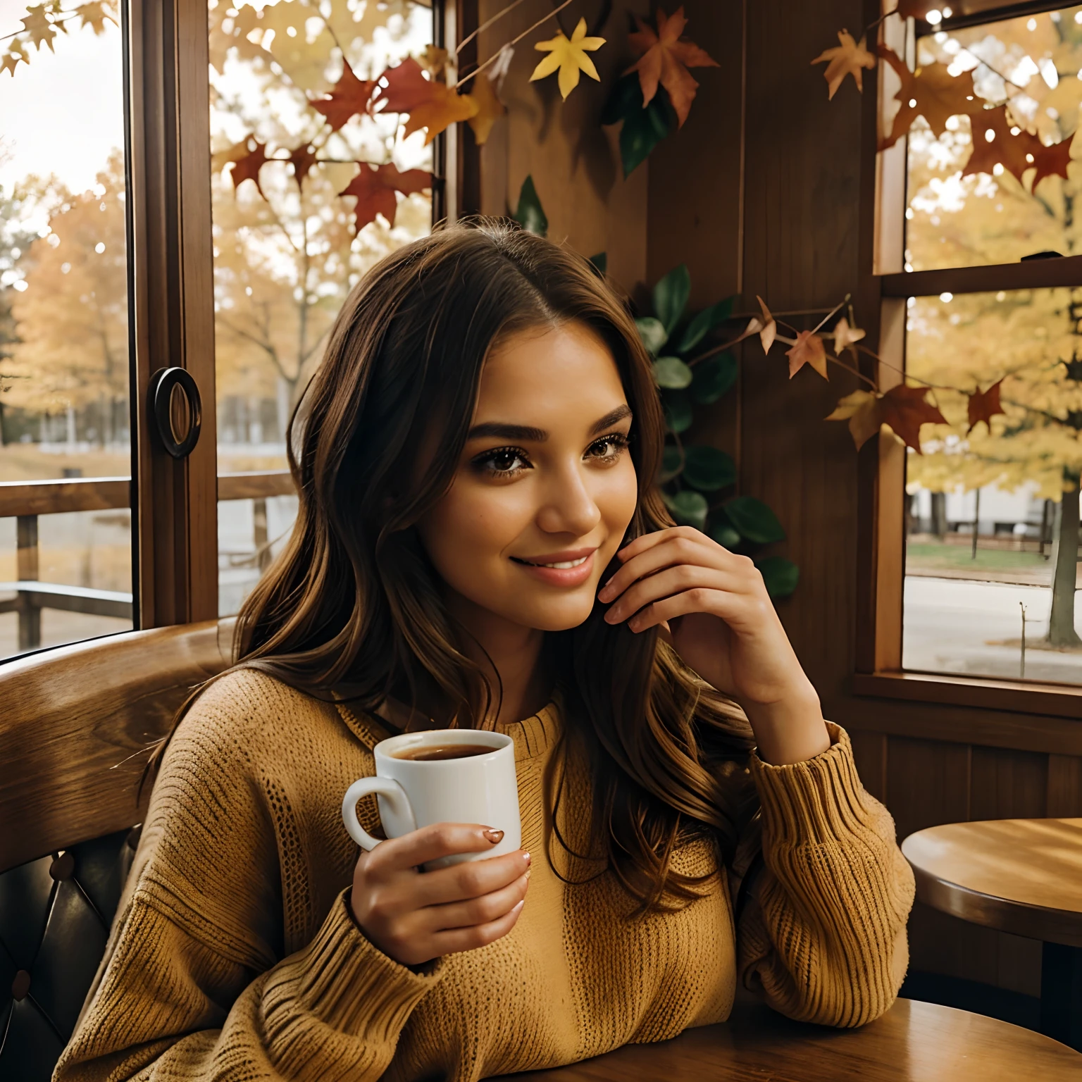 Generate heartwarming photos of Autumn, the enchanting influencer, savoring a spiced latte, epitomizing the essence of autumn's delight. Autumn, in her mid-20s, stands at about 5'4", with long, wavy chestnut hair gracefully falling over her shoulders. Her athletic hourglass figure, accentuated by a full bust, pairs beautifully with her flawless, sun-kissed tan. Autumn's expressive brown eyes radiate charisma, mirroring her relaxed and confident demeanor.

Autumn's cozy chic ensemble reflects her impeccable style. She adorns herself in a soft, oversized sweater, its inviting color enveloping her, paired with snug-fitting, high-waisted jeans that highlight her figure with sophistication.

The charming, rustic coffee shop setting immerses Autumn in the warmth of fall, adorned with autumnal decor that enhances the cozy ambiance. Soft, diffused lighting envelops her in a golden glow, creating an inviting atmosphere. The surroundings include cozy seating, rustic wooden tables, and the rich aroma of freshly brewed coffee, all capturing the essence of Autumn's delightful coffee experience.

In candid moments, Autumn enjoys her spiced latte, lost in thought while gazing out of the window or sharing a bright smile. The photos capture the coziness and tranquility of the coffee shop, reflecting the simple joy of sipping a warm beverage. Natural lighting enhances the inviting atmosphere, bringing to life the essence of Autumn's delightful coffee experience.

With intense makeup, a cozy atmosphere, and features that are meticulously symmetrical, the photos embrace photorealistic techniques like path tracing, specular lighting, volumetric face light, path-traced hair, visible shadows, and intricate details. This creates an elaborate and hyper-realistic portrayal of Autumn's heartwarming coffee moments.
