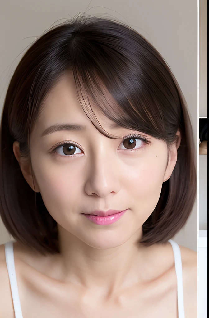 Female in her 30s、One bun hair, Face without makeup, silky white skin, masturbation