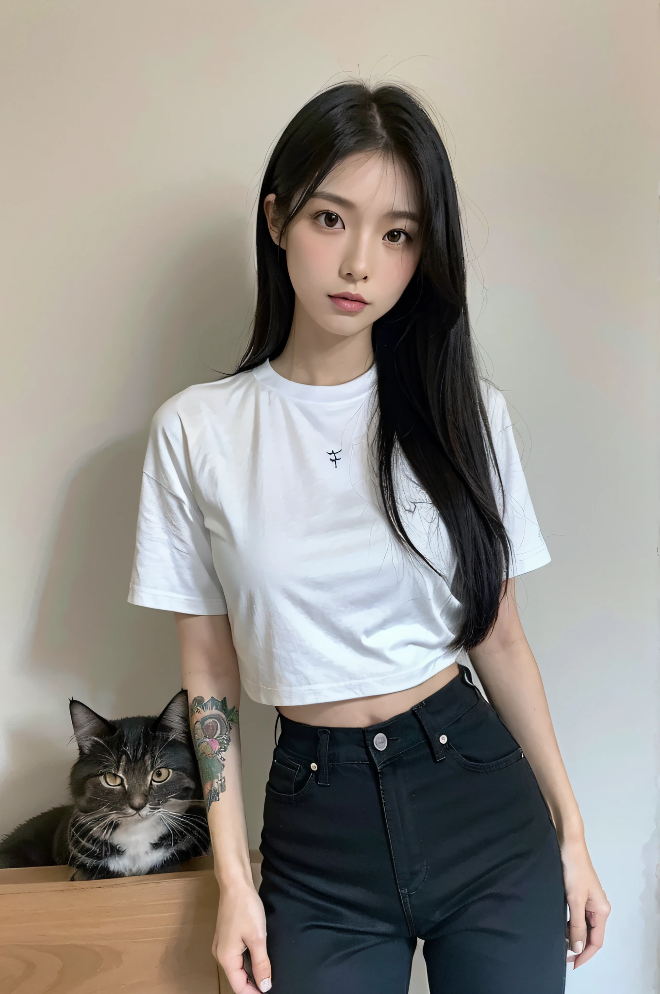 fotografia de cerca, mitad del cuerpo, Mujer taiwanesa posando con un gato, una pintura hiperrealista inspirada en Taro Yamamoto, tumblr, gothic art, Arte corporal completo, Arte de cuerpo completo, Arte de cuerpo completo, tatuajes en toda la piel, Cuerpo tonificado, Vista de la mitad del cuerpo, Takato Yomamoto, aspecto androgino, mujer asiatica, vistiendo una camisa de tirantes negras y pantalones de cuero negro, sujetando gato con las dos manos, cabello negro.