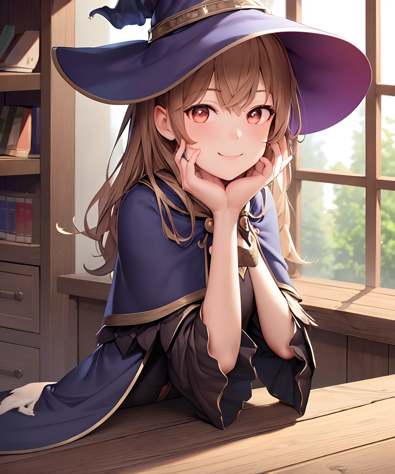 (masterpiece, best quality:1.2), 1girl, witch dress, witch hat, table, (potion:1.2), wooden walls, shelf, upper body, solo, indoors, window, capelet, smile, chin rest