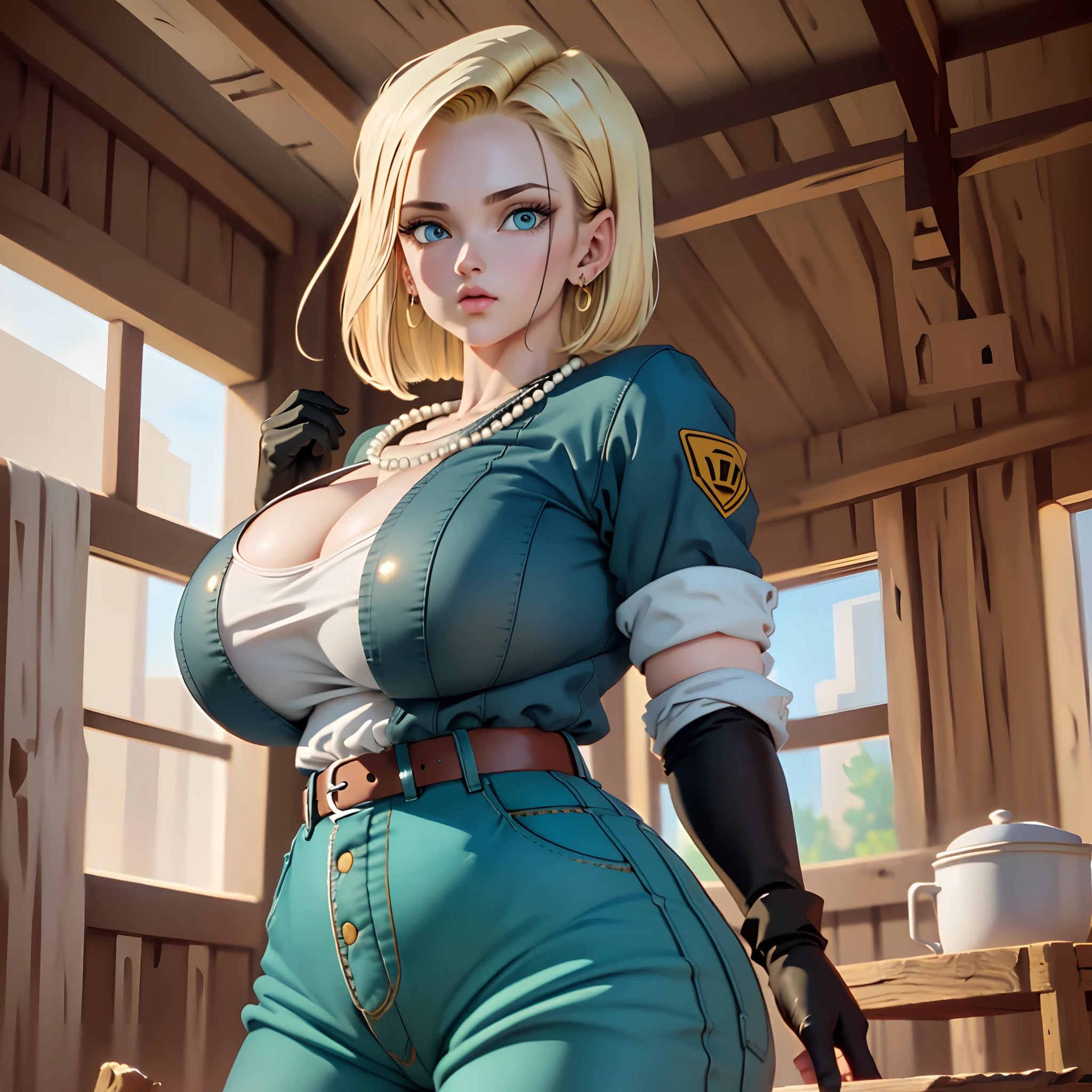 (masterpiece, Best Quality, High resolution, 32K), (((1womanl, Solo))), (ANDROID18_DBZ, JEWELRY, NECKLACE, PEARL NECKLACE, EARRINGS, GLOVES, BELT, PANTS, DENIM, JEANS, PERFECT EYES, BLUE EYES), (ultra huge breasts:1.2, ultra huge tits:1.2, ultra huge boobs:1.2, ultra huge cleavage:1.2, Perfect slim body:1.3), (In an abandoned hut, Shabby hut, Messy hut, Dark atmosphere:1.1), (Intricate details:1.1), (Natural Skin Texture, Hyper-Realism), (Detailed face, super detailed skin),