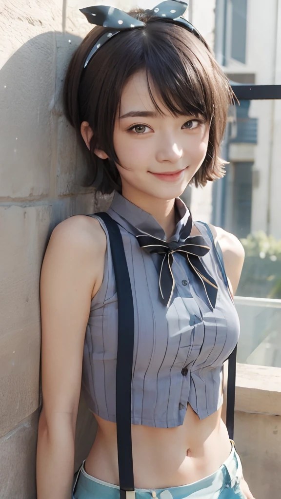 A 18yo girl, blush and smile, lean back on wall, facing viewer, looking at viewer, smooth fair skin, midriff, suspenders, grey shirt, black bowtie, blue short, detail hand, Oozora Subaru,