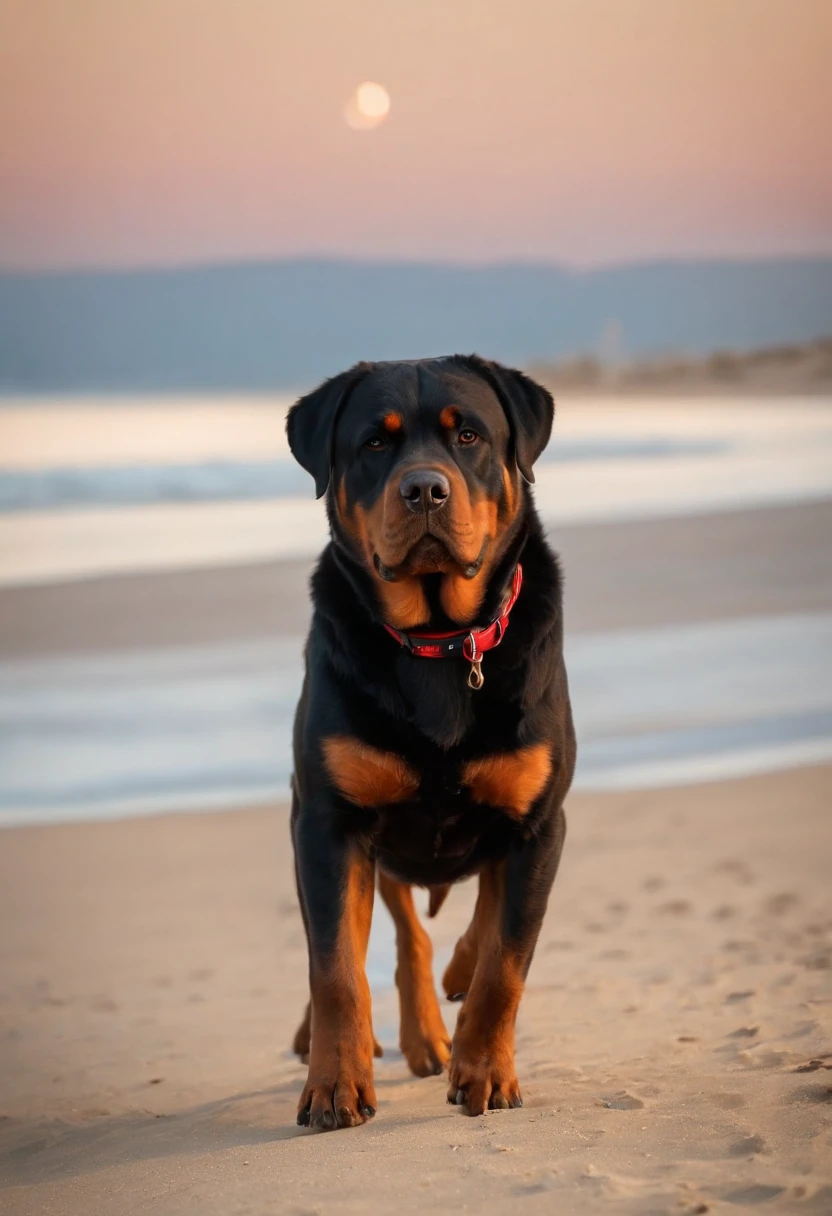 Full body Rottweiler, big, massive muscular proportions, smooth and HD resolution coat, walking on beach, cristal clear beach water, smooth sand, small waves, pure white wave ends, palmtree on a side, mountain on the back of palmtree and near horison, red, yellow,orange sky, some clouds, sunset ligth, little birds shadows on horison.