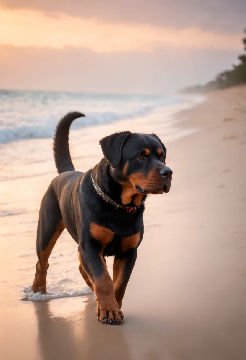 Full body Rottweiler, big, massive muscular proportions, smooth and HD resolution coat, walking on beach, cristal clear beach water, smooth sand, small waves, pure white wave ends, palmtree on a side, mountain on the back of palmtree and near horison, red, yellow,orange sky, some clouds, sunset ligth, little birds shadows on horison.