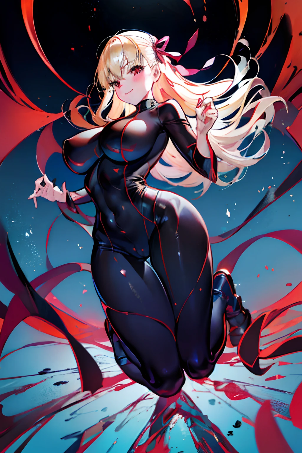Anime style face a blond Black full body suit Red lines all over the body huge tit Big ass Whip thighs seductiv a smile succubus