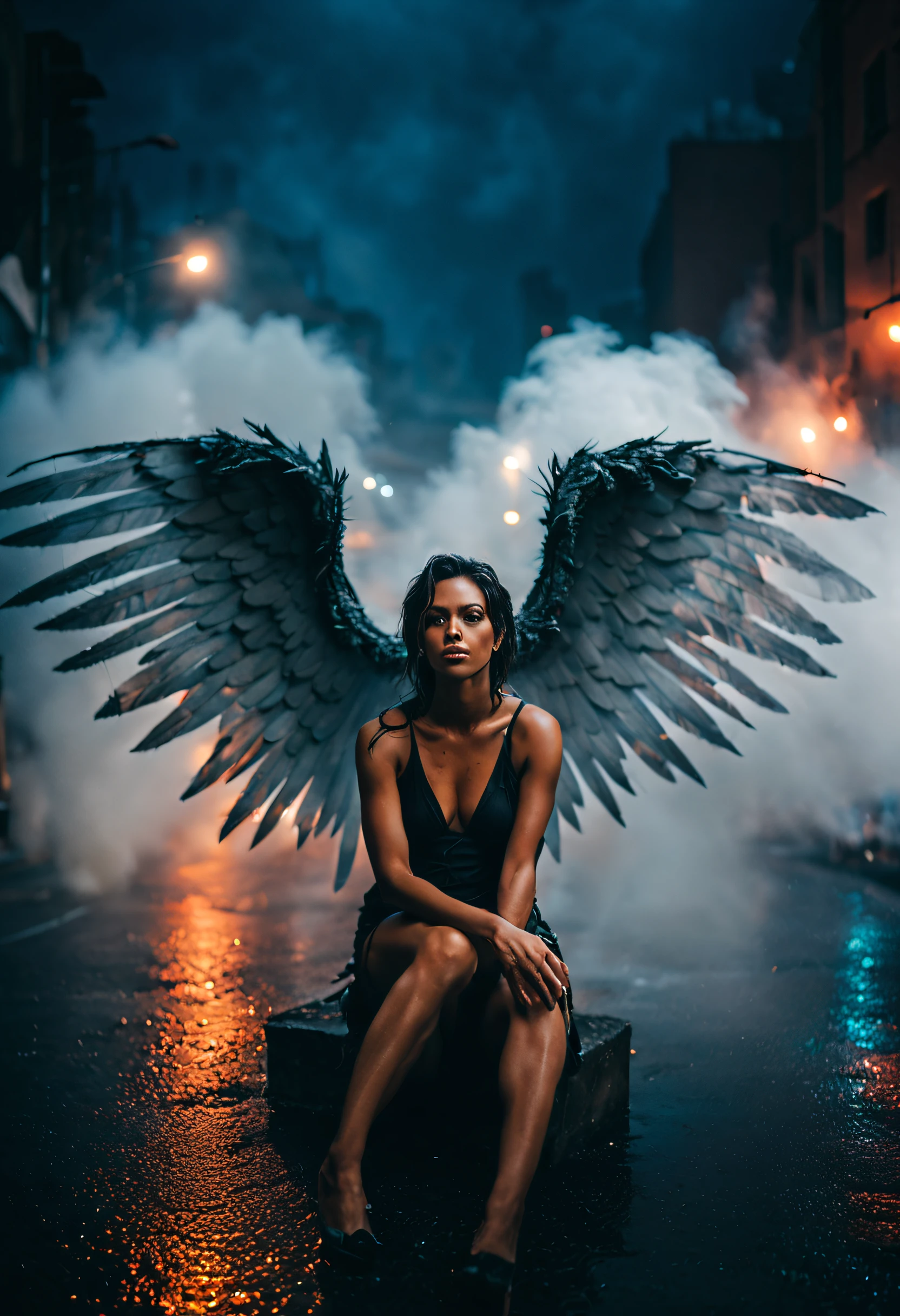 ((((looking camera)))) (((Full body photo of sexy woman with huge wings sitting on the streets with smoke and fog, on fire under the pouring rain at night, on the other side of the city, illuminated by the city lights and with his whole body wet))). feeling cold. It captures the intensity of the rain falling on the woman as she runs. Focus on the woman's facial expression, Showing determination despite the rain. It creates a contrast between the darkness of the night and the city lights that surround it. Make sure the woman's white T-shirt is soaked and stuck to her body. Use lighting techniques to highlight raindrops in the air and on women's clothing. Make wet streets reflect city lights to create a cinematic atmosphere. The perspective should be from a low angle to emphasize women's vulnerability in the rain... Add flare to city lights to create a bokeh effect in the background. Use cool colors and blue tones to convey the feeling of cold in the image.