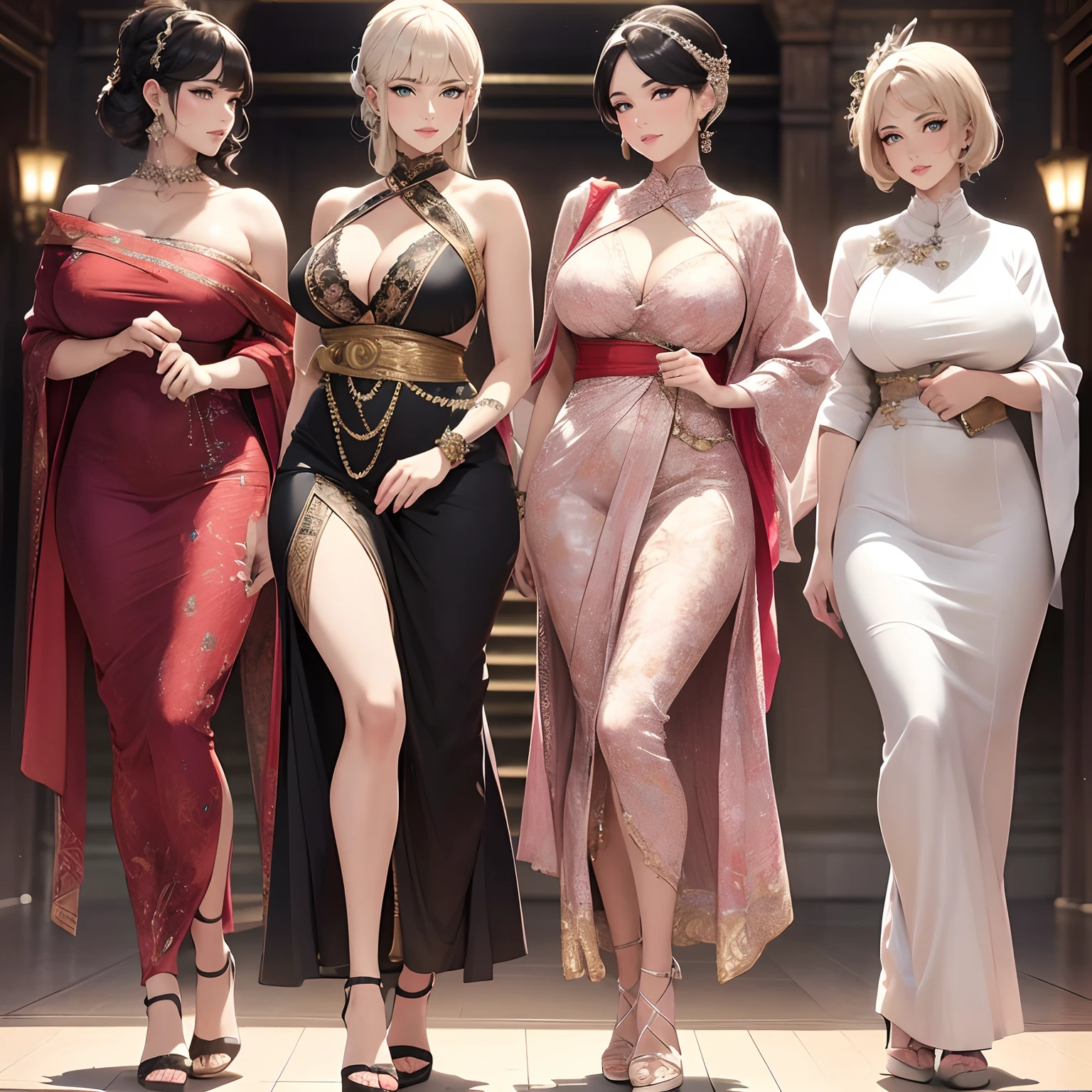 (best quality,4k,8k,highres,masterpiece:1.2),ultra-detailed,(realistic,photorealistic,photo-realistic:1.37),flapper style dress,detailed accessories,(multiple beautiful mature women standing side by side),various body shapes,side view,confident expressions,shimmering evening light,opulent background,dynamic poses,playful atmosphere,impressive leg display,open toed high-heeled shoes,exquisite fabric texture,vibrant and rich colors,stylish hairstyles,subtle makeup,