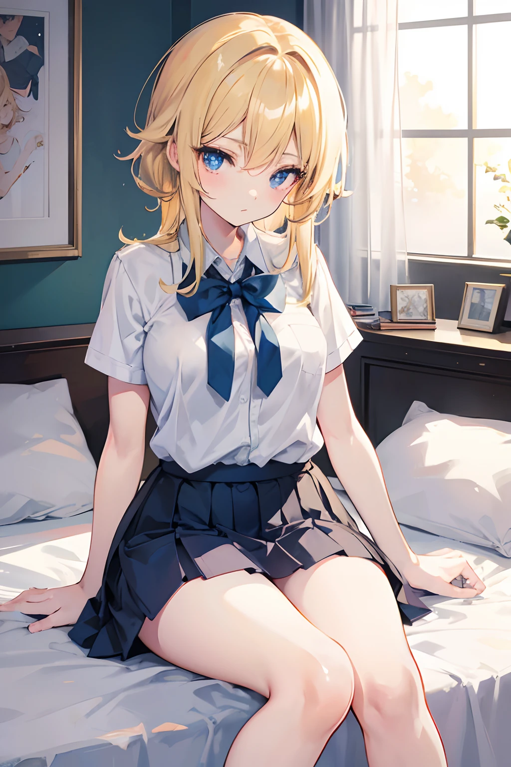 nsfw,High resolution、High resolution、high quality、masterpiece、1 female、Ellen Baker、School classmates、18-year-old、high school girl、Slim and long beautiful legs、skinny、blonde、blue eyes、Bedroom、Lying on the bed、((open legs:1.5)),Spread your legs wide、Knee Up、Cute pose、(((arms behind head:1.5))),blackboard、smile、((Head to toe))、((Close-up of a woman))、(((school uniform))),((White Shirt)),((Blue Neck Ribbon)),((Pleated skirt))、((((Black knee-length socks))))、loafers,show panty,Yellow-green panties、Award-winning design panties、((I slept with my legs open...))、((trembling:1.4)),(((Normal position))),one eye cloth,hetero、intercourse with a man、clothed sex,,