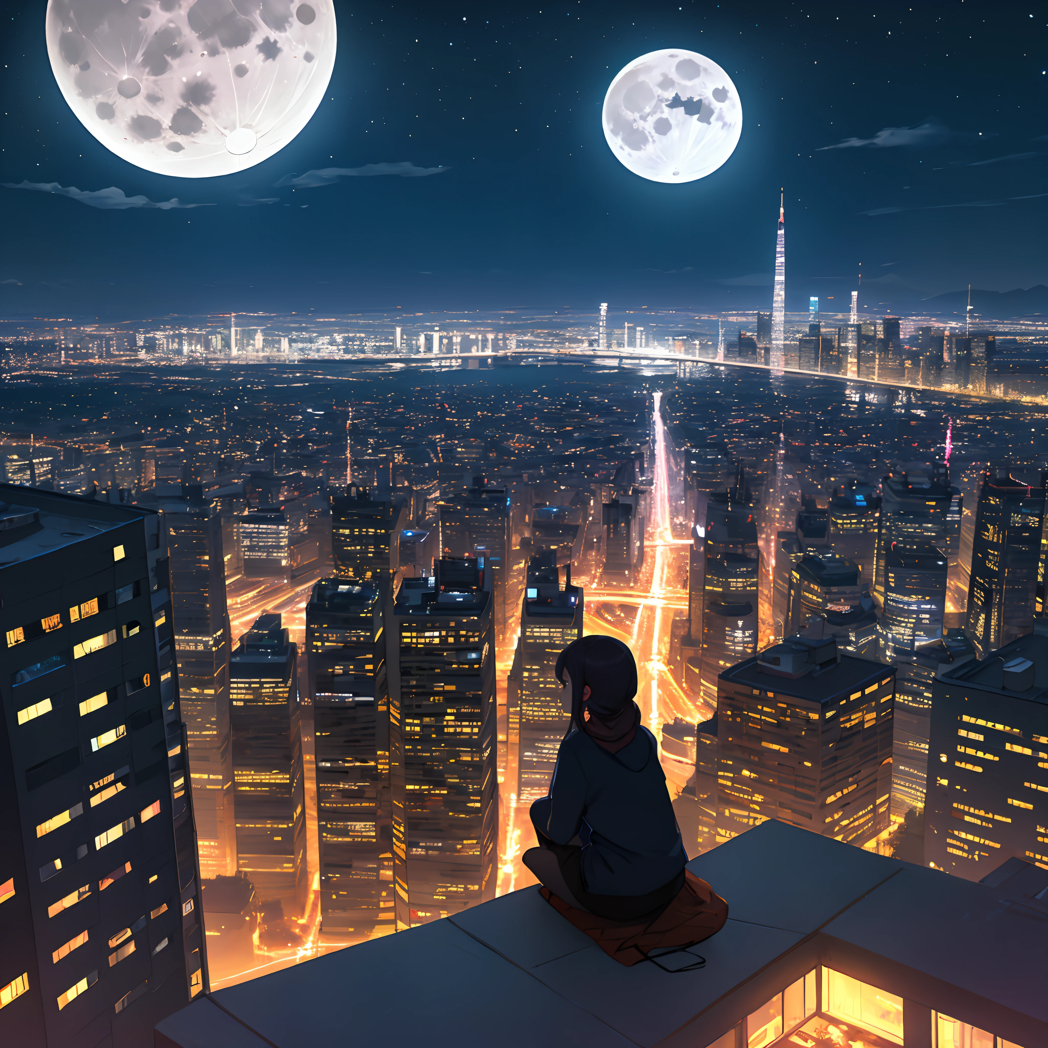 Girl sit on windows look at night city scape full moon