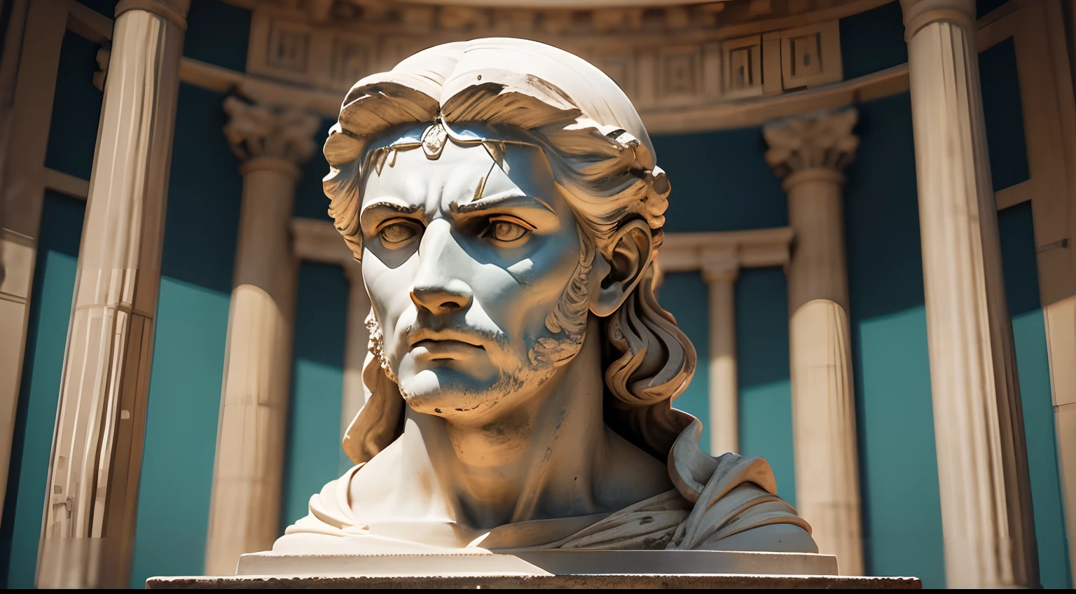 Ancient Greek statue with angry expression, Ambiente escuro, ao ceu aberto, 35 mm, corpo inteiro, lateralmente, com rosto extremamente detalhado, Colors with low saturation with dark tone, Filmado em Sony A7S III com Sony FE 35mm f/1.8, 12.1 MP, --AR 3:2 --estilo cru