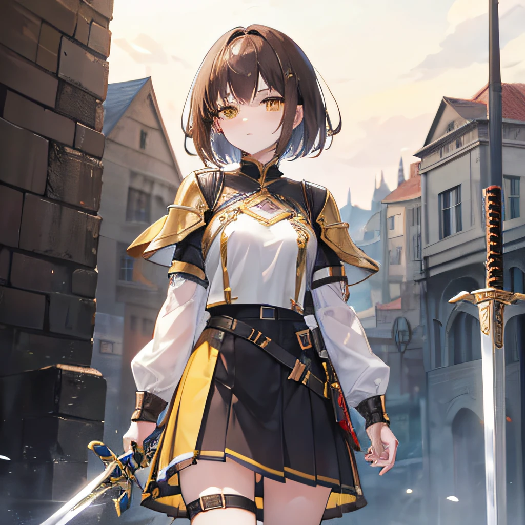 brunette color hair,short detailed hair,By bangs,Yellow eyes,adolable,s girl,a skirt,armor,Wrap your chest,Does not show the chest,Sword in hand