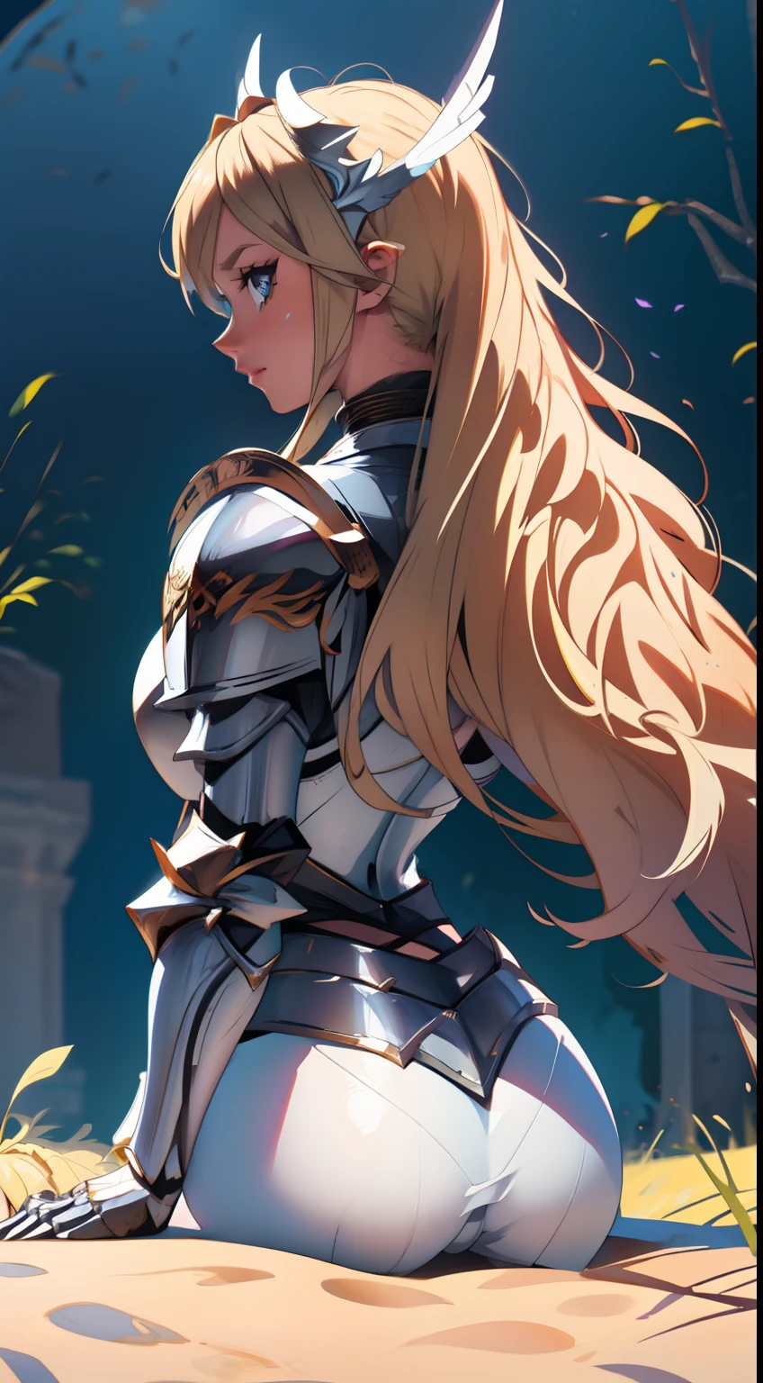 A blonde valkyrie on all fours looking at the viewer, wearing a paladin armor, beautiful ass, big ass, (extremely detailed face), from behind, 8K resolution, super detailed, high quality, knight, winged helmet, winged headgear,