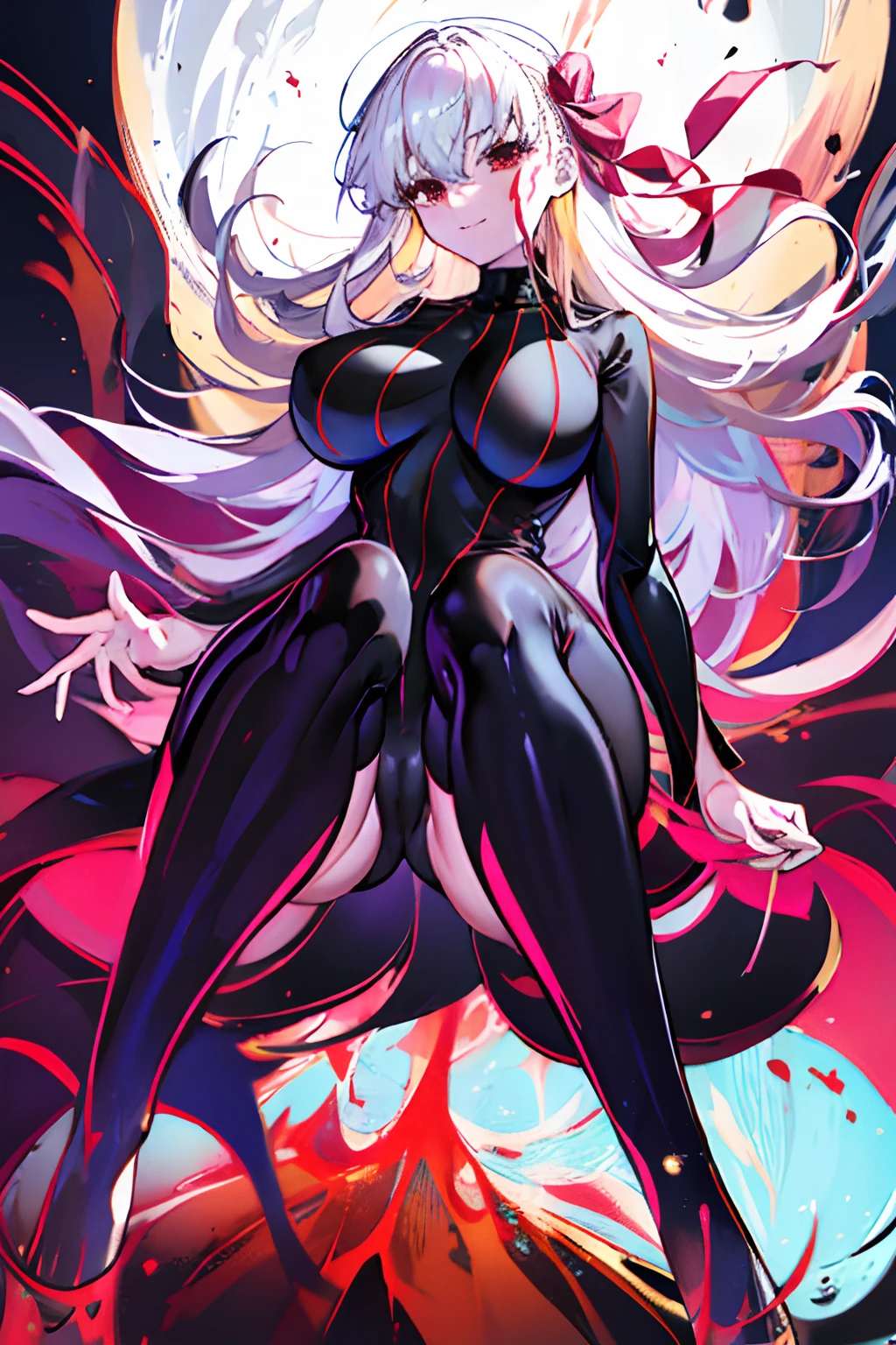 Anime style face a blond Black full body suit Red lines all over the body huge tit Big ass Whip thighs seductiv a smile succubus