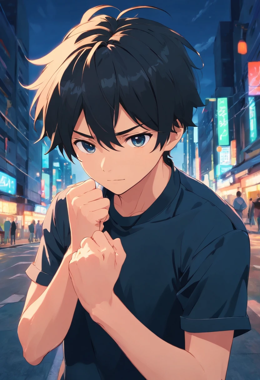 Black shirt，Handsome boy，sideface，Hands clenched into fists