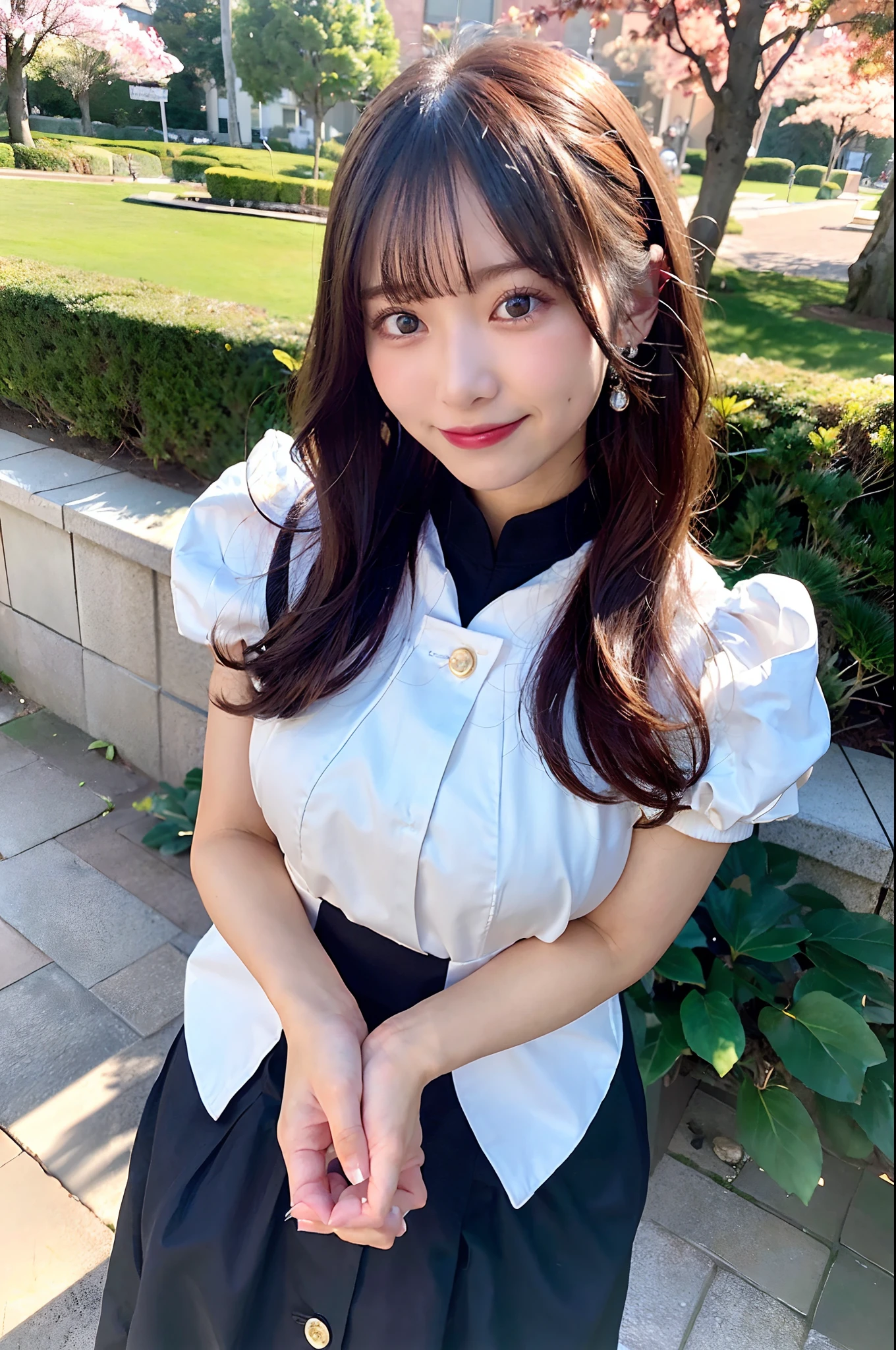 Masterpiece, high quality, high resolution, 8K, ((Skinny Japanese woman in a costume which consists of a short-sleeved white shirt and a light-brown long skirt)), beautiful face, natural makeup, detailed face, detailed eyes, a photo that feels endearing