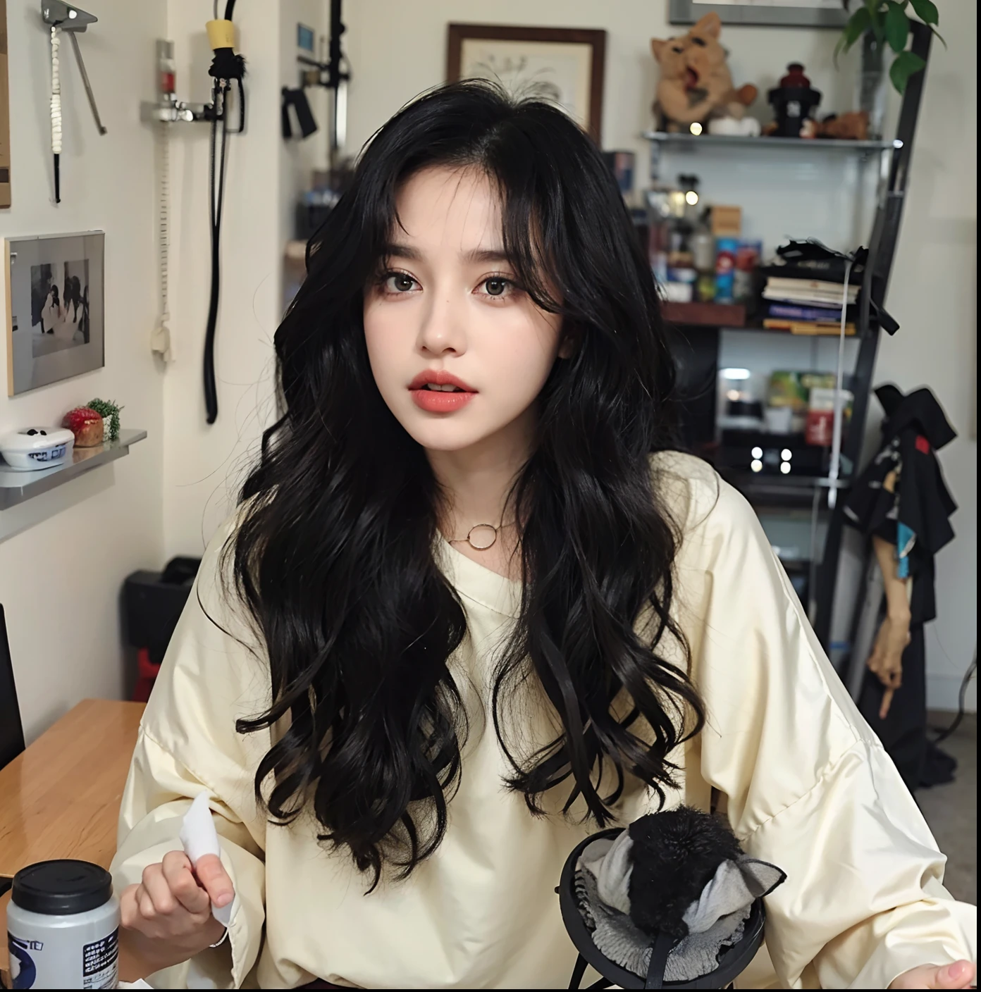 mulher sentada em uma mesa com um microfone e uma lata de refrigerante, franja encaracolado, cabelo ondulado preto com franja, long messy curly hair, com longos cabelos cacheados, longos cabelos negros encaracolados, franja e cabelos ondulados, her black hair is a long curly, Ela tem cabelo preto com franja, messy curly hair, longos cabelos cacheados pretos selvagens, preto longo cabelo encaracolado longo