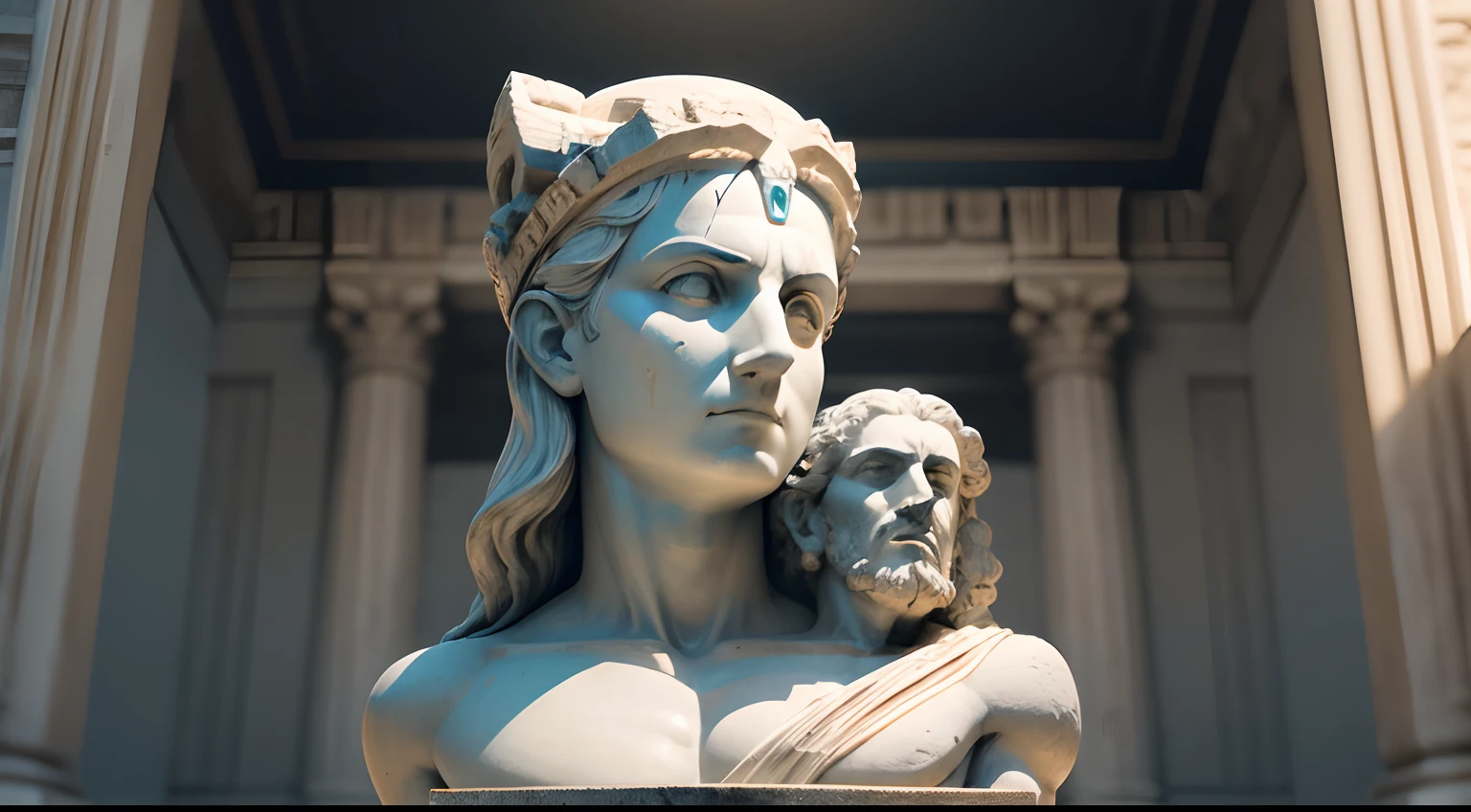Ancient Greek statue with angry expression, Ambiente escuro, ao ceu aberto, 35 mm, corpo inteiro, lateralmente, com rosto extremamente detalhado, Colors with low saturation with dark tone, Filmado em Sony A7S III com Sony FE 35mm f/1.8, 12.1 MP, --AR 3:2 --estilo cru