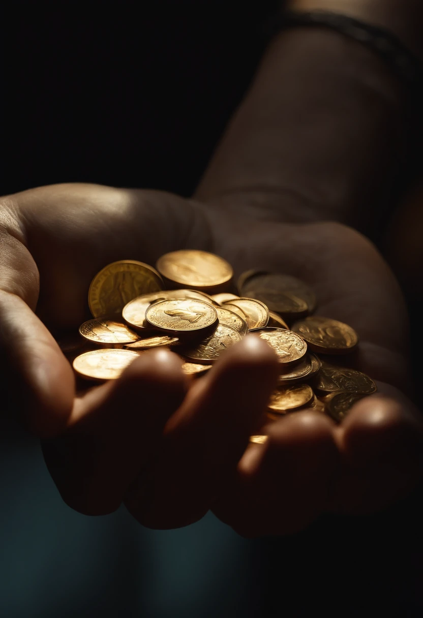 A hand holding a few gold coins,Side view