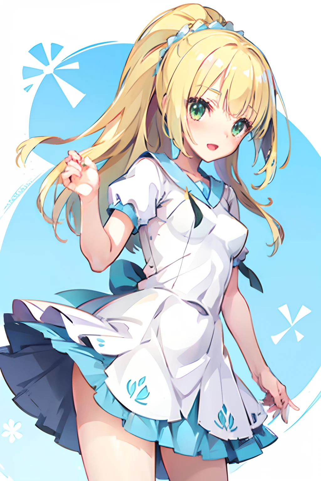 One girl,a blond,poneyTail,lillie,Green eyes,Guts Pose,nimbly,Beautiful steppe,Good luck Lily,A pokémon,White Dress,Raising,verd s eyes,small tits,Smile with open mouth,Beautiful steppe,blushed face,closing eye,huge smile,Top image quality,masutepiece,Best Quality