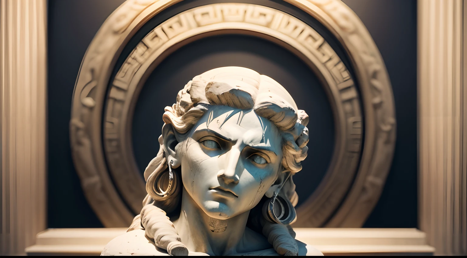 Ancient Greek statue with angry expression, Ambiente escuro, ao ceu aberto, 35 mm, corpo inteiro, lateralmente, com rosto extremamente detalhado, Colors with low saturation with dark tone, Filmado em Sony A7S III com Sony FE 35mm f/1.8, 12.1 MP, --AR 3:2 --estilo cru