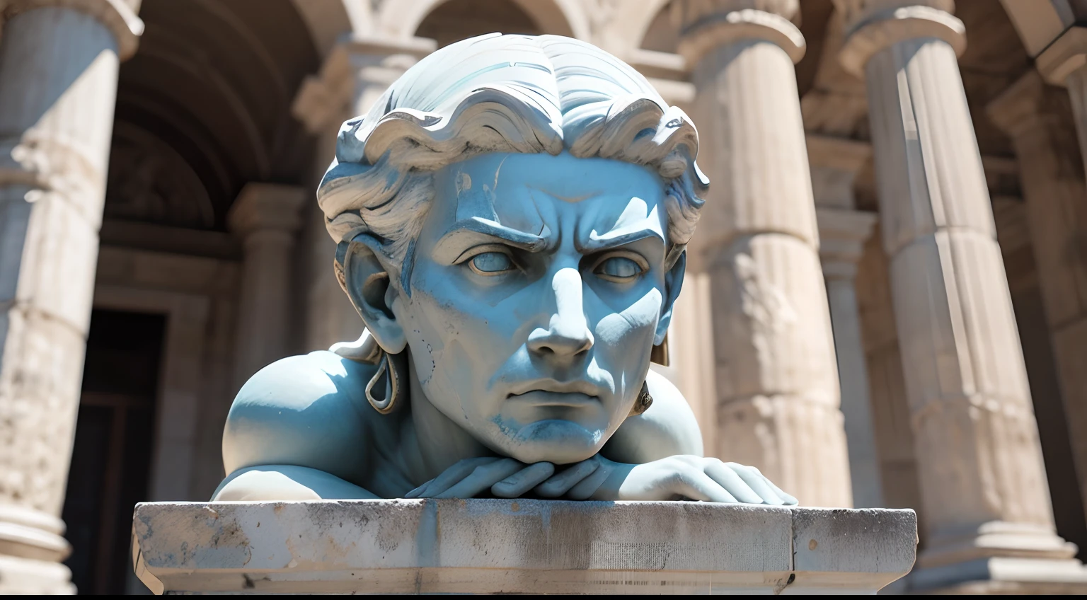 Ancient Greek statue with angry expression, Ambiente escuro, ao ceu aberto, 35 mm, corpo inteiro, lateralmente, com rosto extremamente detalhado, Colors with low saturation with dark tone, Filmado em Sony A7S III com Sony FE 35mm f/1.8, 12.1 MP, --AR 3:2 --estilo cru