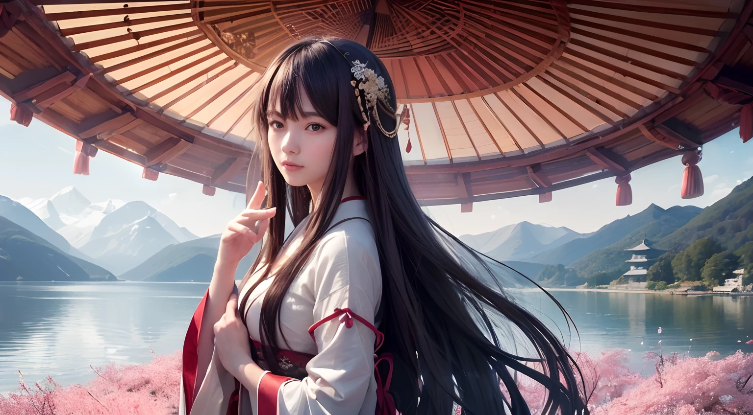 (best quality, ultra-detailed, photorealistic:1.37), medium shot portraits, long silky dark hair, billowing in the wind, wearing regal long flowy ancient chinese robes with elaborate and delicate designs, standing at the edge of a vast lake, pagoda gazebo on an island in background, snowy mountains in the distant background, vivid colors, soft lighting, cherry blossoms, calm and peaceful atmosphere, graceful posture, serene expression, delicate hand gestures