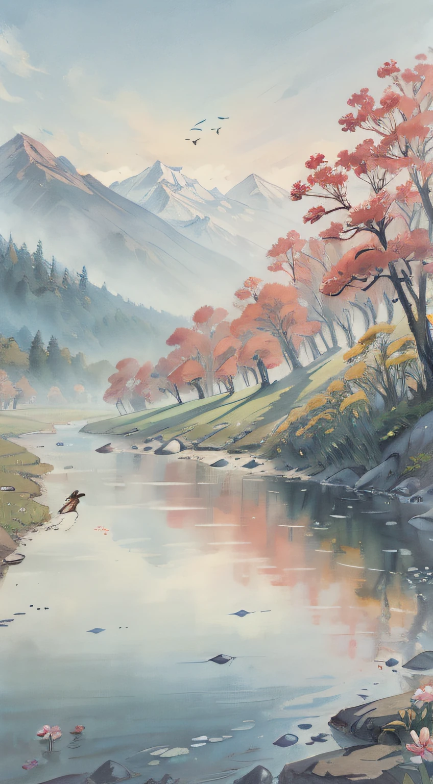 A painting of flowers and birds，The painting shows a lot of flowers blooming on the ground，Mountains and rivers，the woods，hilly，（Don't show up the persona）