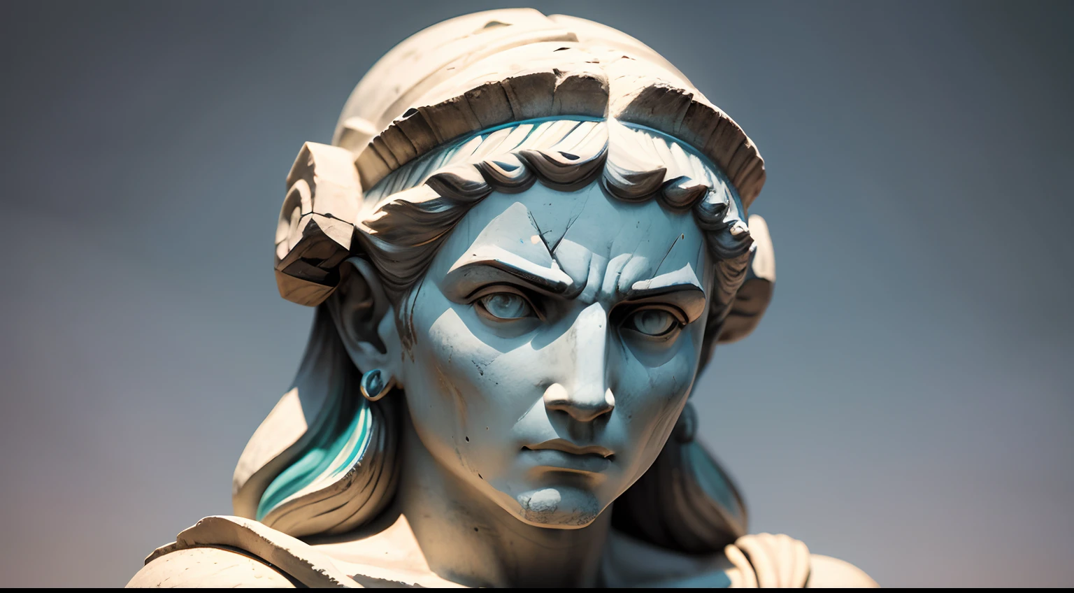 Ancient Greek statue with angry expression, Ambiente escuro, ao ceu aberto, 35 mm, corpo inteiro, lateralmente, com rosto extremamente detalhado, Colors with low saturation with dark tone, Filmado em Sony A7S III com Sony FE 35mm f/1.8, 12.1 MP, --AR 3:2 --estilo cru
