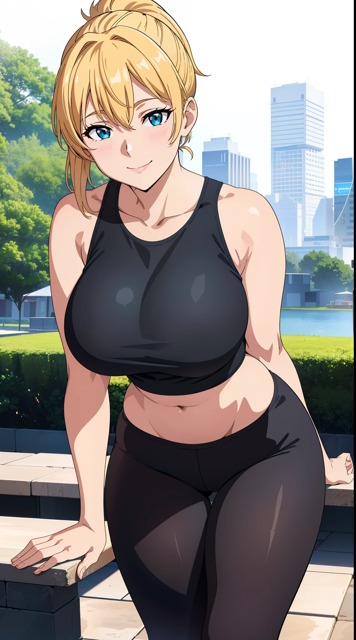 (best quality:1.5, highres, UHD, 4K, detailed lighting, shaders), blonde ponytail, busty, (pov, close shot), standing, sexy, smiling, tank top, yoga pants, park background