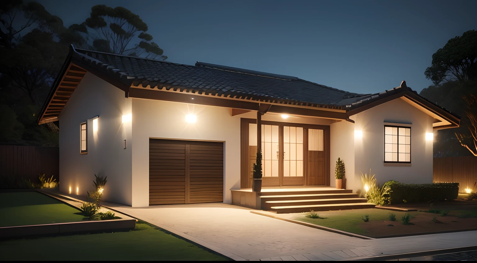 casa grande no meio da floresta, Front view, campo gramado, night ligthning, super detalhada, Lumion Pro rendering, cinematic rendering