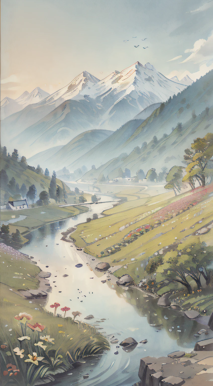 A painting of flowers and birds,The painting shows a lot of flowers blooming on the ground,Mountains and rivers,the woods,hilly,(Don't show up the persona)