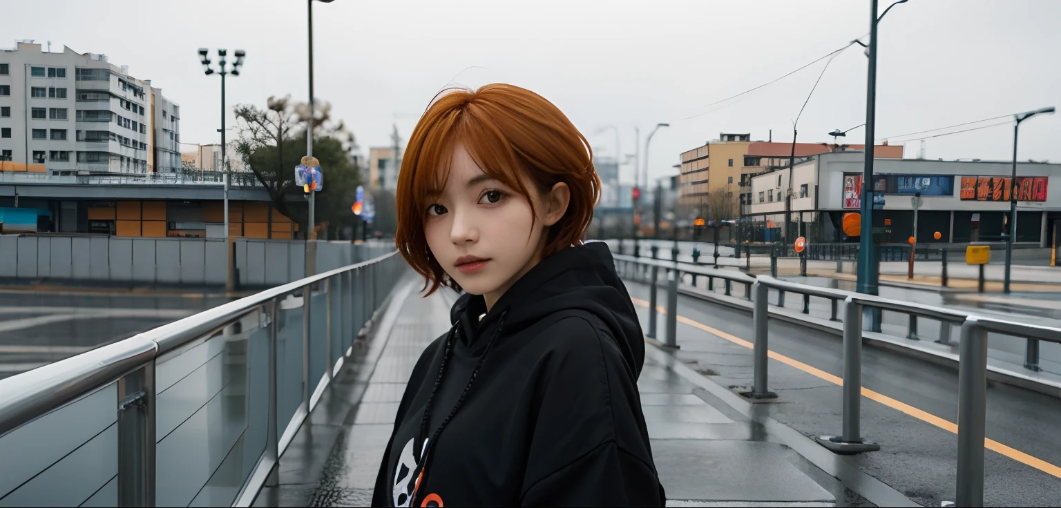 1girl, madoka, black hoodie, short hair, orange hair, 8k, relistic, ultra detail, 70mm lens, raining