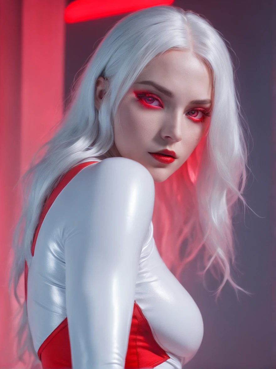 (8k) beautiful woman (blue eyes) (white hair) dressed in futuristic bodysuit (futuristic leotard) (high waisted thong leotard) posing for a photo in red lights, red neon lights, red background, cyberpunk style, horror cyberpunk, darksynth aesthetic, red neons aesthetic, sensual pose, cameltoe, perfect body, extremely beautiful woman, robotic parts, ultra detailed, best quality, masterpiece.