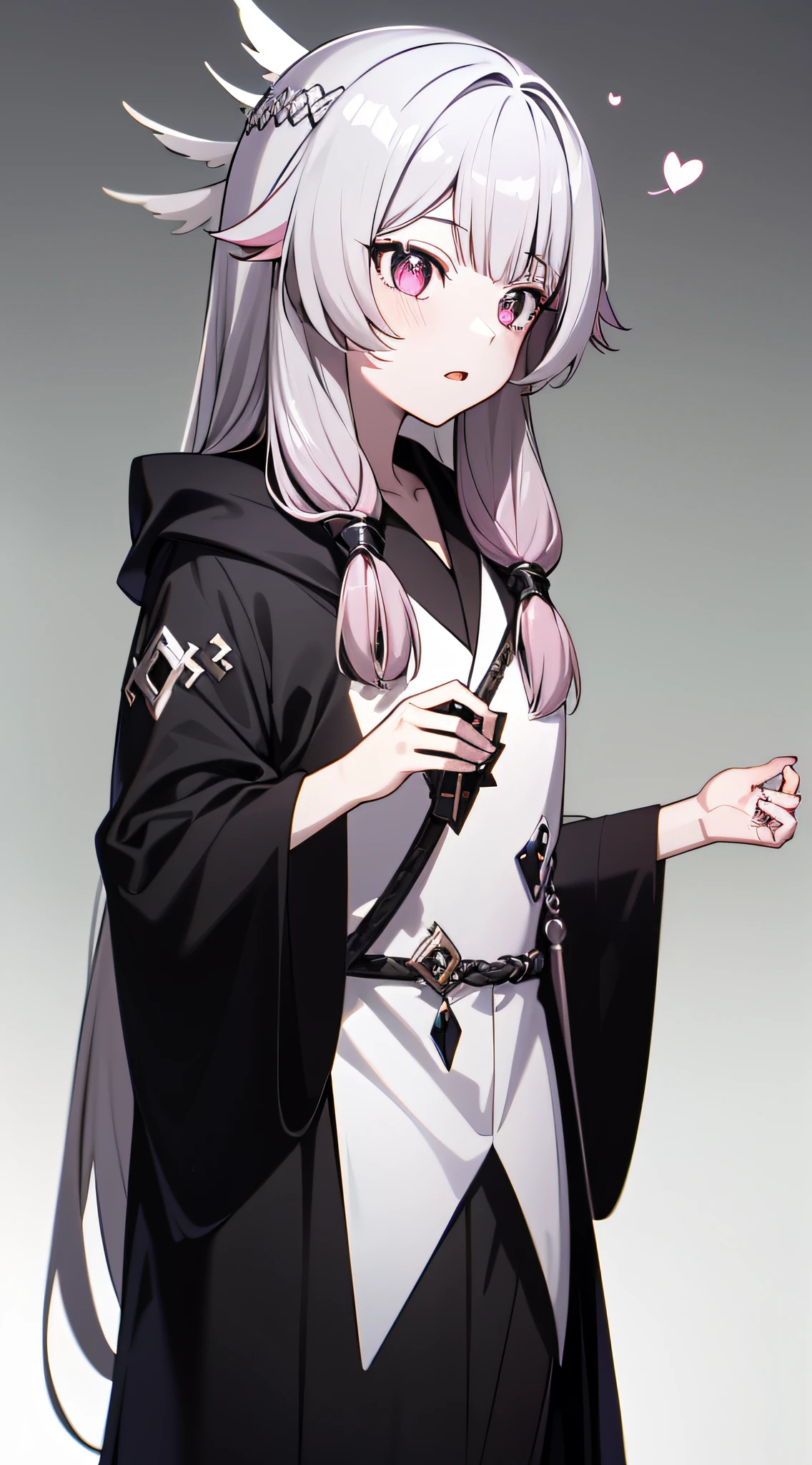 1 girl, white hair(long hair)(tied), black-silver eyes(detailed eyes), wear a black robe, hair accessories