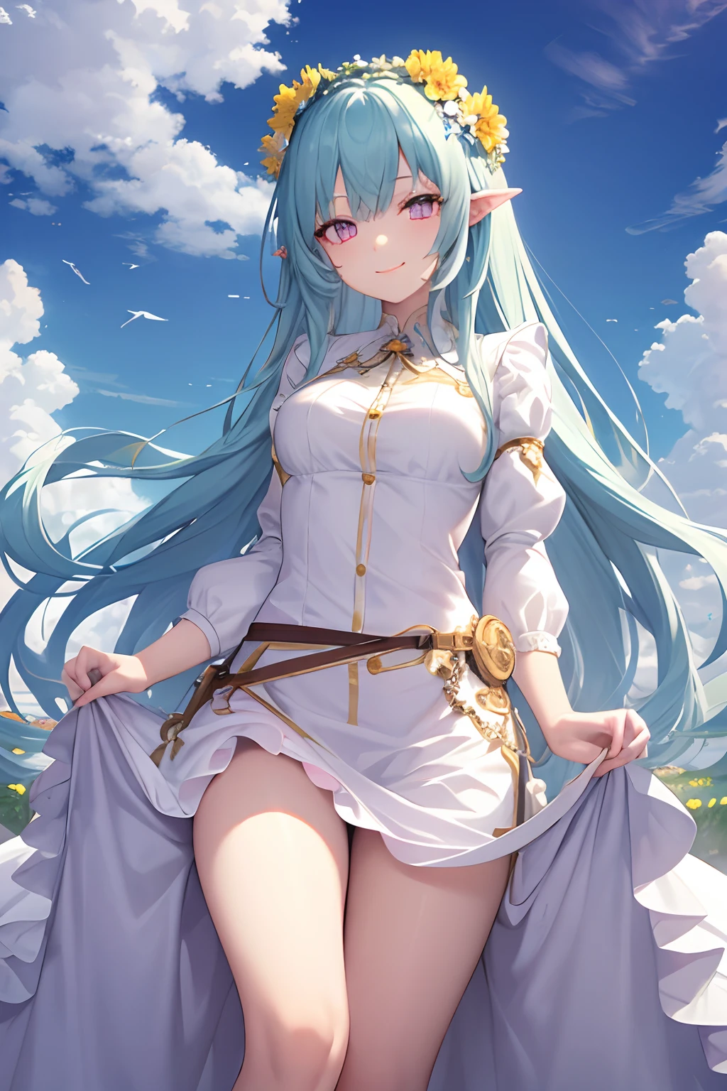 masterpiece, best quality, 1girl, very long cyan hair, purple eyes, upper body, detailed, flower circlet, (clouds:1.4), yellow under shirt, white carpet, long white dress, belt, smile