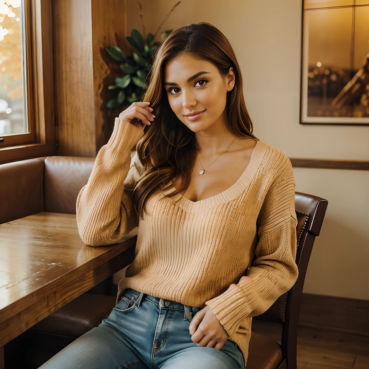 Generate heartwarming photos of Autumn, the enchanting influencer, savoring a pumpkin spice latte, epitomizing the essence of autumn's delight. Autumn, in her mid-20s, stands at about 5'4", with long, wavy chestnut hair gracefully falling over her shoulders. Her athletic hourglass figure, accentuated by a full bust, pairs beautifully with her flawless, sun-kissed tan. Autumn's expressive brown eyes radiate charisma, mirroring her relaxed and confident demeanor.

Autumn's cozy chic ensemble reflects her impeccable style. She adorns herself in a low-cut, soft, oversized sweater in an inviting color, revealing a hint of cleavage and paired with snug-fitting, high-waisted jeans that highlight her figure with sophistication.

The charming, rustic coffee shop setting immerses Autumn in the warmth of fall, adorned with autumnal decor that enhances the cozy ambiance. Soft, diffused lighting envelops her in a golden glow, creating an inviting atmosphere. The surroundings include cozy seating, rustic wooden tables, and the rich aroma of freshly brewed coffee, all capturing the essence of Autumn's delightful pumpkin spice latte experience.

In candid moments, Autumn enjoys her latte, lost in thought while gazing out of the window or sharing a bright smile. The photos capture the coziness and tranquility of the coffee shop, reflecting the simple joy of sipping a warm, whipped cream and cinnamon-topped beverage. Natural lighting enhances the inviting atmosphere, bringing to life the essence of Autumn's heartwarming coffee moments.

With intense makeup, a cozy atmosphere, and features that are meticulously symmetrical, the photos embrace photorealistic techniques like path tracing, specular lighting, volumetric face light, path-traced hair, visible shadows, and intricate details. This creates an elaborate and hyper-realistic portrayal of Autumn's heartwarming pumpkin spice latte moments.