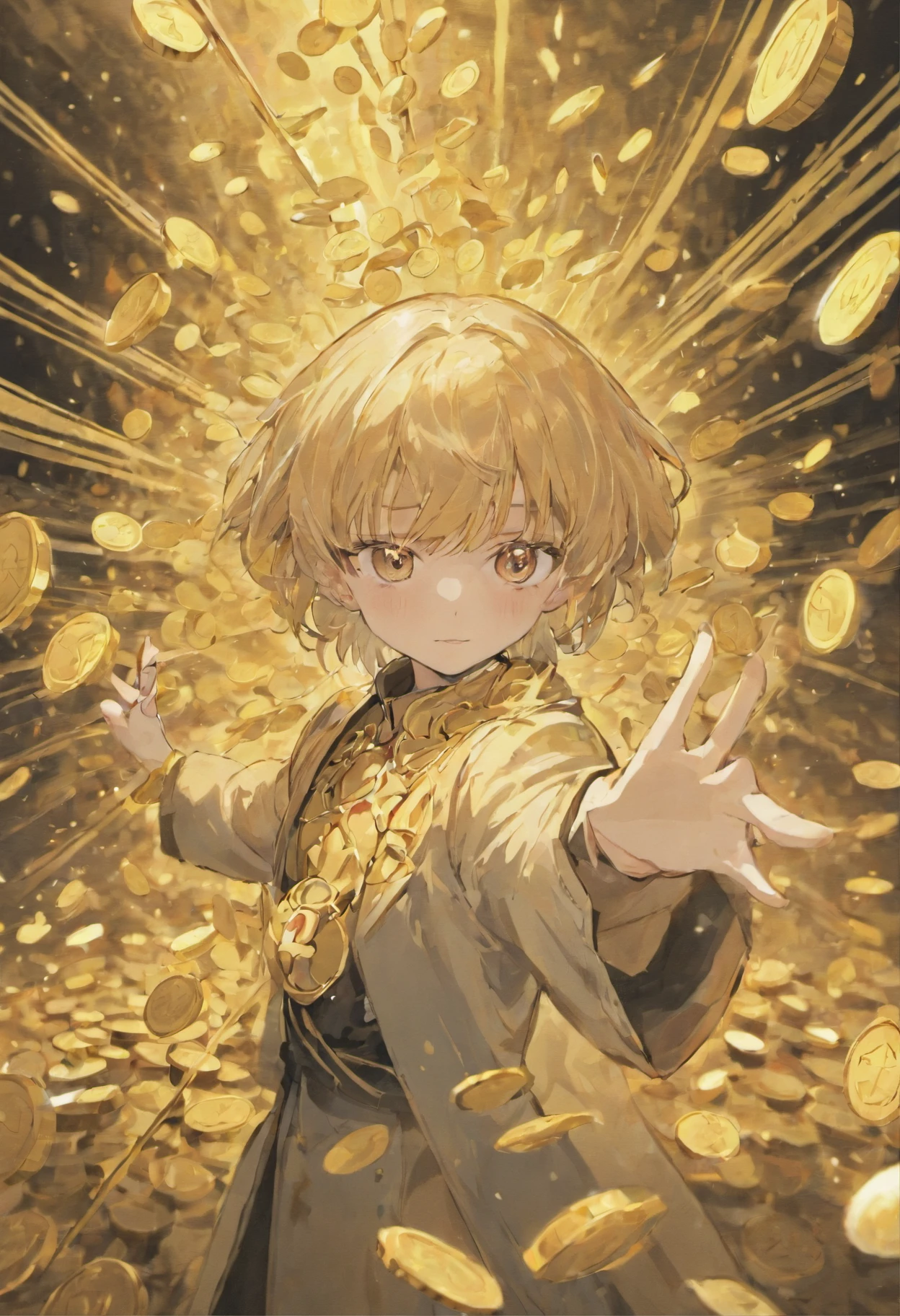 A white hand holds several gold coins,Lateral face