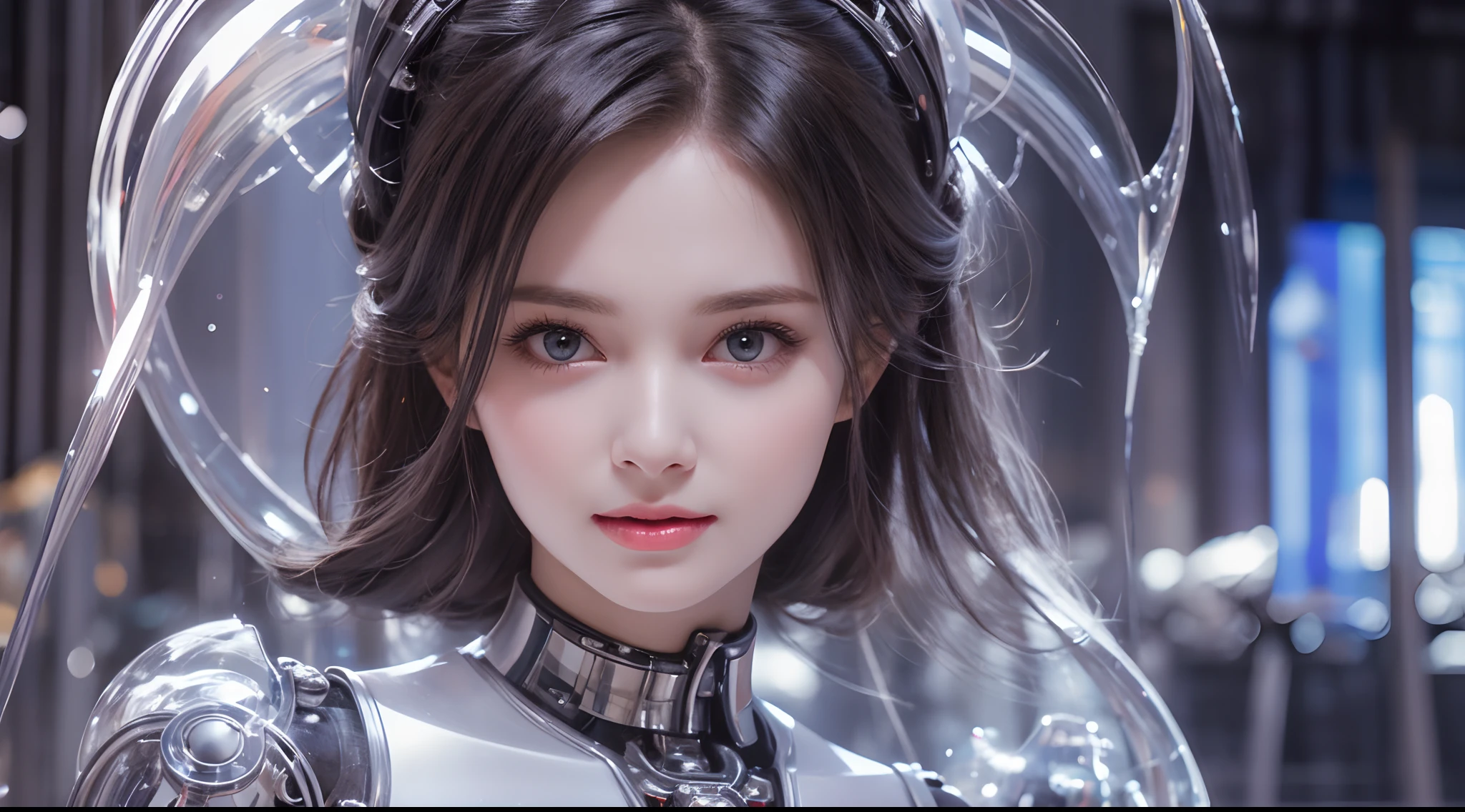 A close-up head and chest portrait of a pretty and cute woman, her chest adorned with pneumatic tubes that give her a unique and futuristic appearance. The highly detailed digital rendering captures every aspect of her beauty, from her delicate features to the intricate tubes.