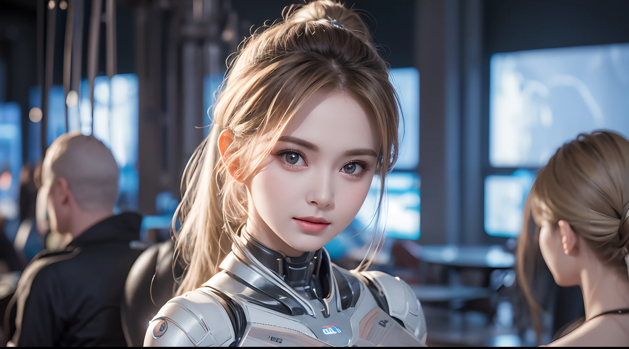 A close-up head and chest portrait of a pretty and cute woman, her chest adorned with pneumatic tubes that give her a unique and futuristic appearance. The highly detailed digital rendering captures every aspect of her beauty, from her delicate features to the intricate tubes.