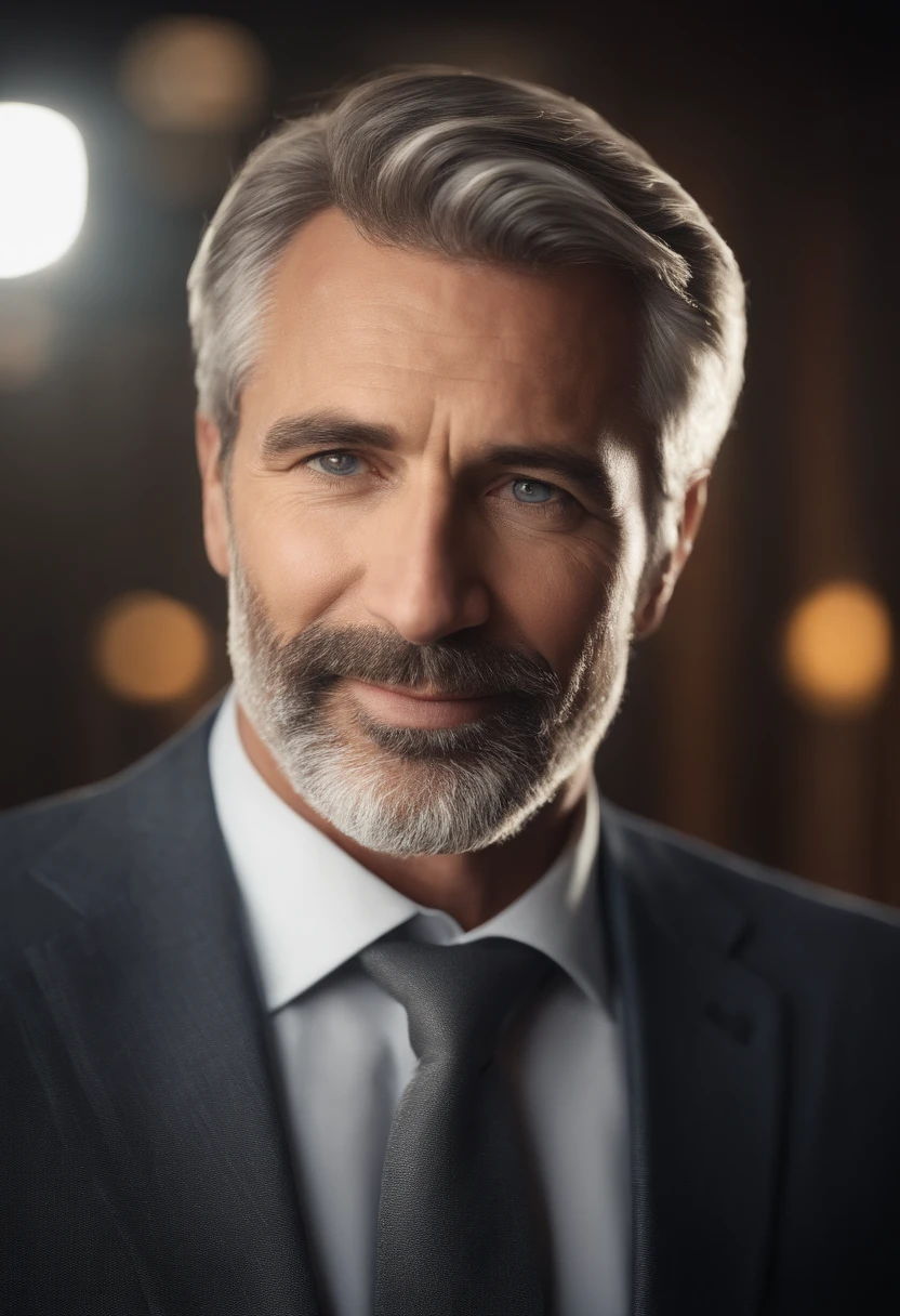 realistic portrait of middle aged business professional,high-quality,highest resolution,professional,beautiful detailed eyes,beautiful detailed lips,short beard,graying hair,kind expression,warm smile,proud father,wrinkles of age,distinguished look,soft lighting,subtle shadows,subdued colors,canvas medium,ultra-detailed texture,masterpiece:1.2