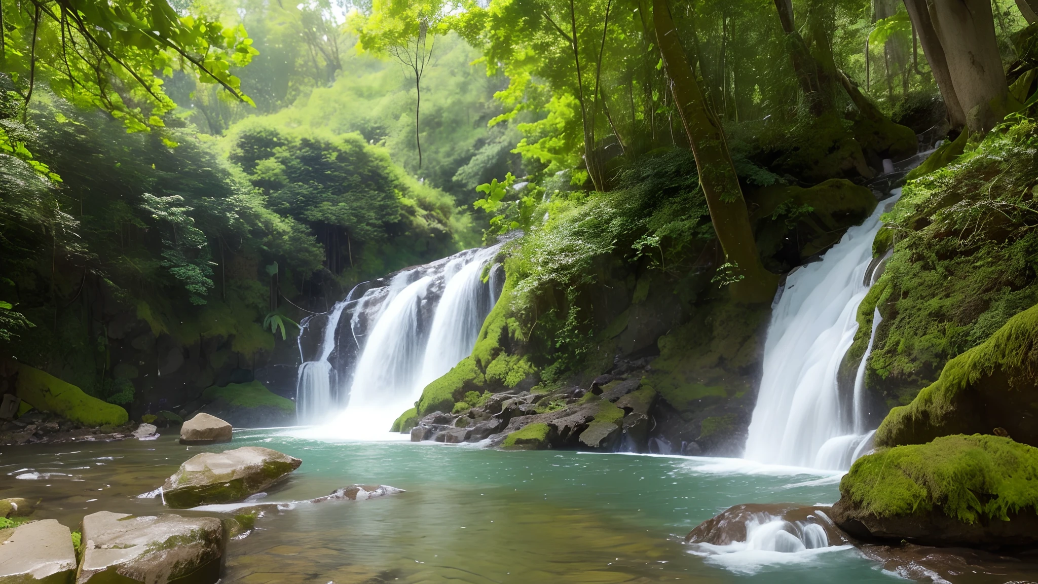 A lush green forest with towering trees and a crystal clear river running through it, with strange new plant and animal species, The trees are unlike any that have ever been seen before, with gnarled branches and leaves of all shapes and sizes, The river is teeming with fish and other aquatic life, all of which are new to science, In the background - a waterfall cascades down a cliff face, surrounded by exotic plants and flowers.
