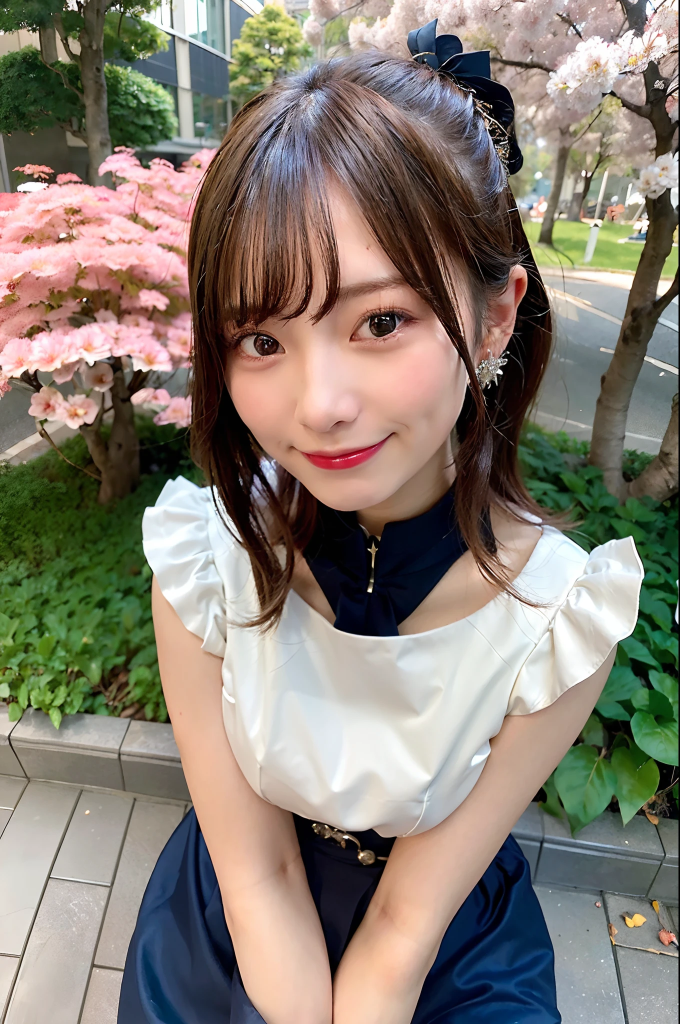 (top-quality、8K、32K、masuter piece、nffsw:1.2)、profile、(slim figure:1.2)、(s lips) 、18year old、kawaii pose、Show your teeth and smile、qipao dress、Colossal tits、二重まぶた、shinny skin、Realistic rays、mare、beauitful face、(A smile:1.3)、crouching down、(From above:1.2)、(a closeup:1.4)、blurry backround、(Front Focus)、(Dark: 1.6)、Fantasy Art、photoRealstic、Professional Lighting、extra detailed face、Award-winning、deep-shadows、A path lined with flourishing cherry blossom trees
