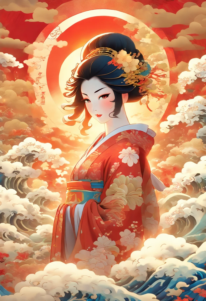 (((Japanese Goddess))) best quality, ultra-high resolution, 4K detailed CG, masterpiece, AMATERASU, Woman, white clothes, red clothes, clouds, waves, sun in the background, Japanese mythology, Japan, Shui Mo Hua, Chinese painting style, Thangka Style, aesthetics, beautiful image, depth of field, centered on canvas