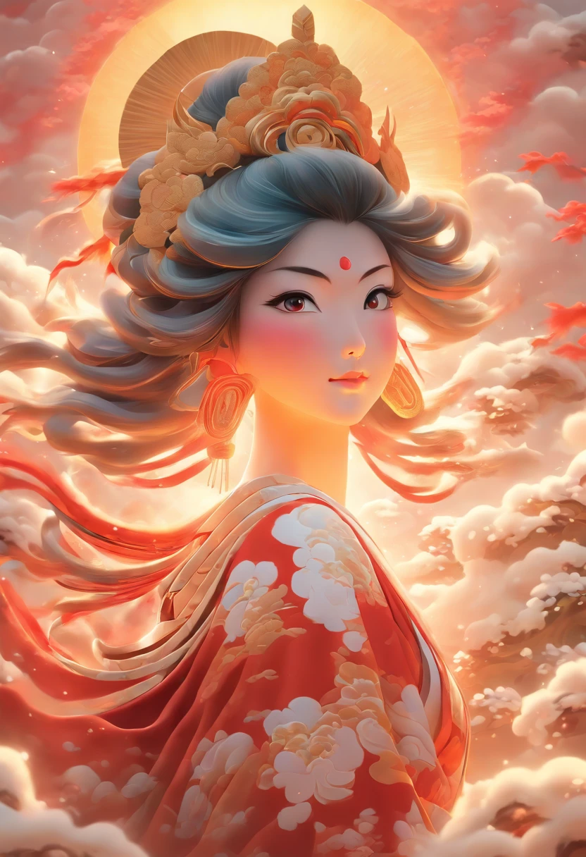 (((Japanese Goddess))) best quality, ultra-high resolution, 4K detailed CG, masterpiece, AMATERASU, Woman, white clothes, red clothes, clouds, waves, sun in the background, Japanese mythology, Japan, Shui Mo Hua, Chinese painting style, Thangka Style, aesthetics, beautiful image, depth of field, centered on canvas