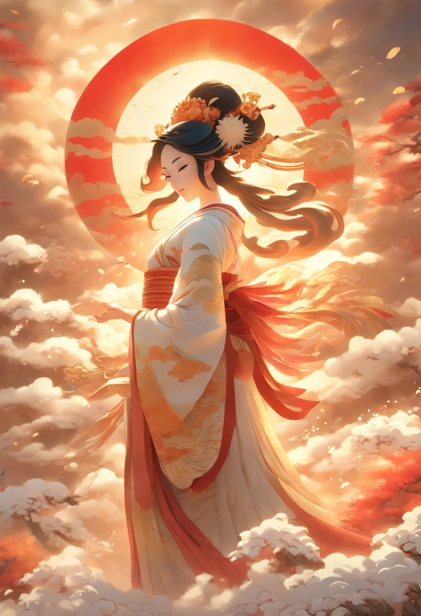 (((Japanese Goddess))) best quality, ultra-high resolution, 4K detailed CG, masterpiece, AMATERASU, Woman, white clothes, red clothes, clouds, waves, sun in the background, Japanese mythology, Japan, Shui Mo Hua, Chinese painting style, Thangka Style, aesthetics, beautiful image, depth of field, centered on canvas