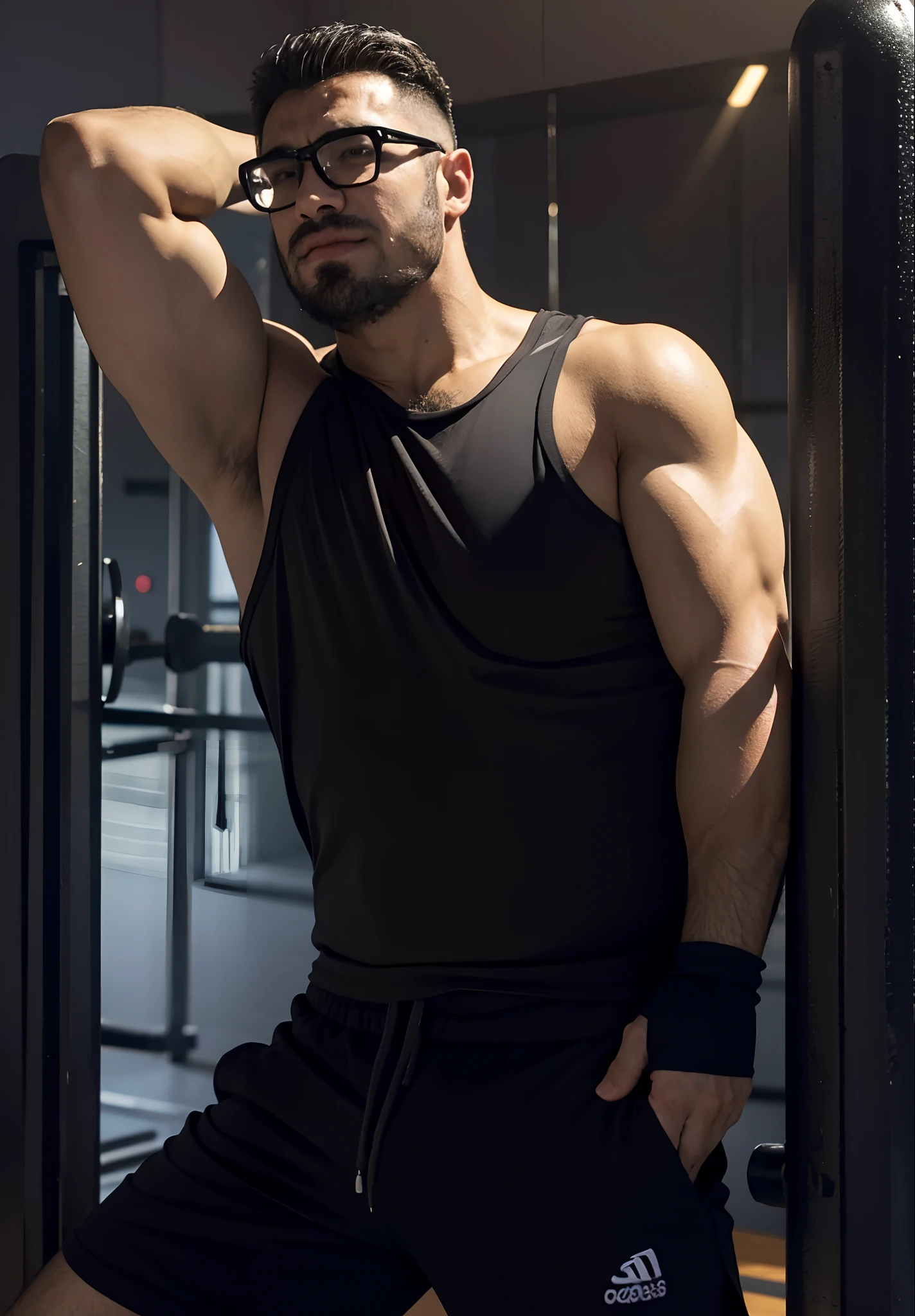 David, black glasses, buff, muscular, at the gym, wearing tank top, sweaty, black shorts,